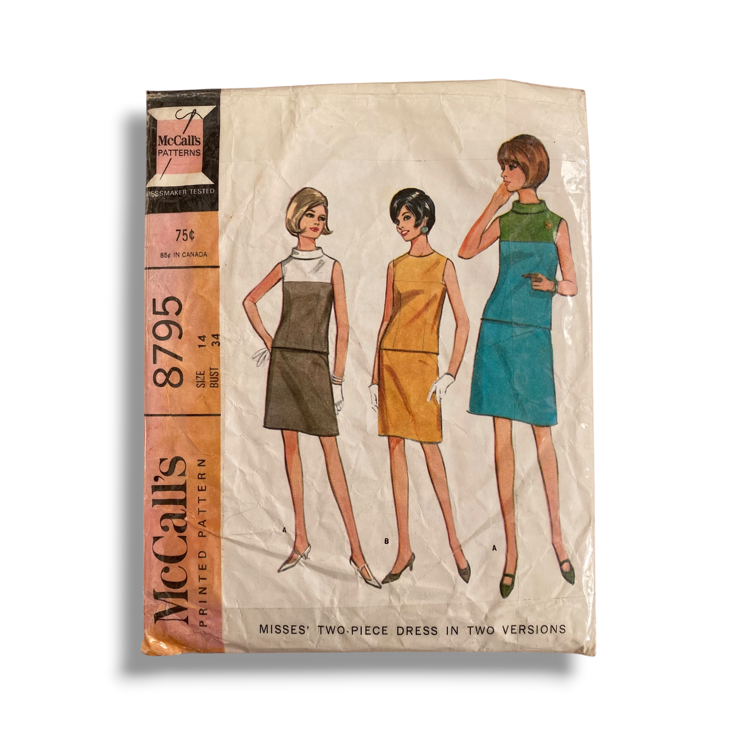 McCalls 8795, 60s Two-Piece Dress, Size 14/34, Cut & Complete, Vintage Sewing Pattern