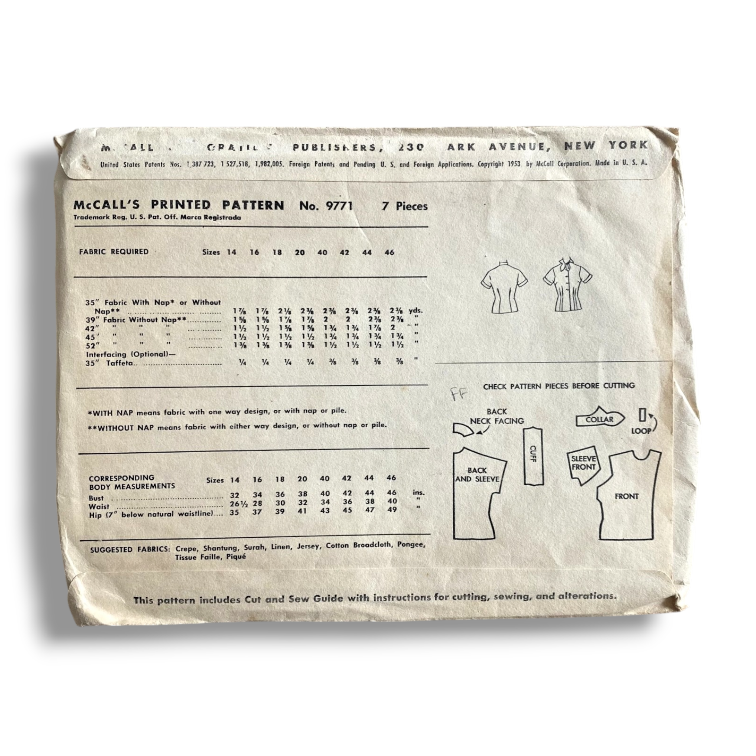 McCalls 9771, 50s Blouse, Size 14:32, Factory Folded, Vintage Sewing Pattern1.PNG