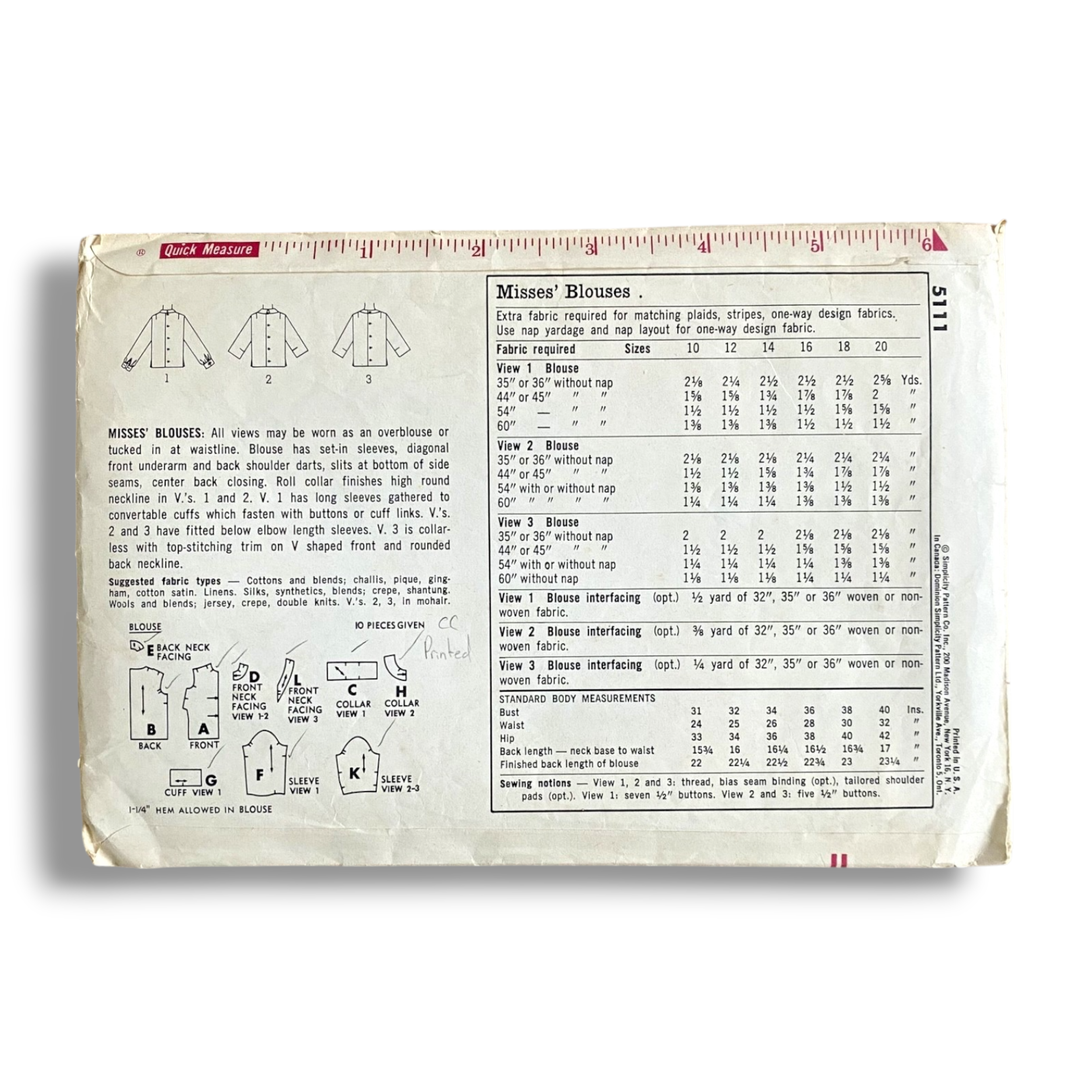 Simplicity 5111, 60s Blouse, Size 12:32, Cut & Complete, Vintage Sewing Pattern1.PNG