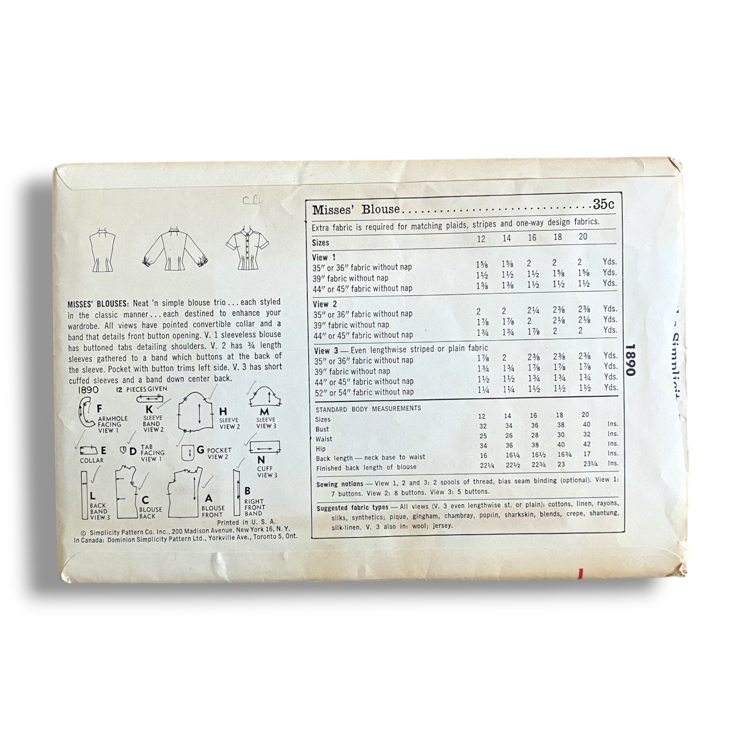 Simplicity 1890, 50s Blouse, Size 16:36, Cut & Complete, Vintage Sewing Pattern1.PNG