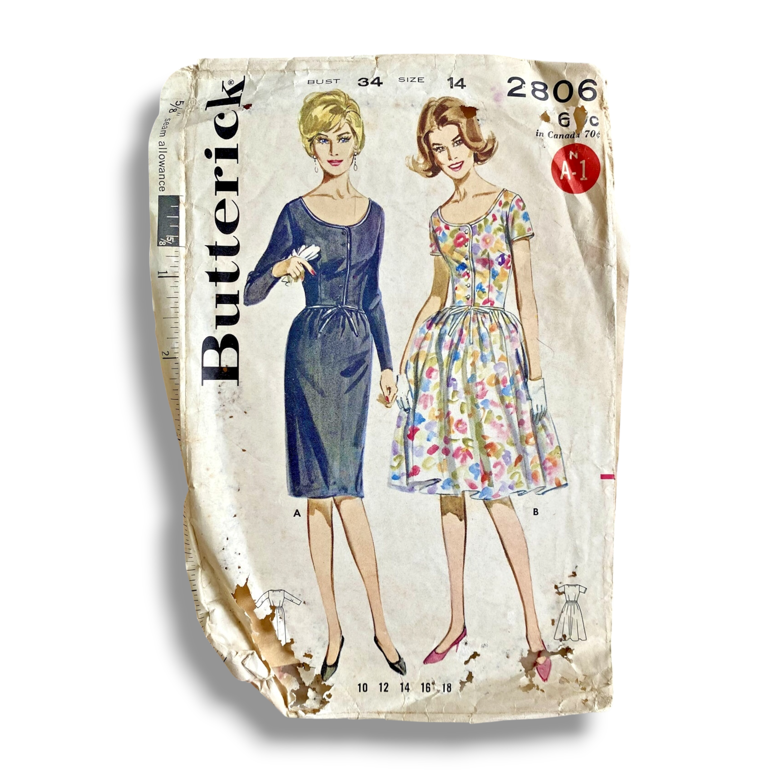 Butterick 2806, 60s Dress, Size 14/34, Cut & Complete, Vintage Sewing Pattern