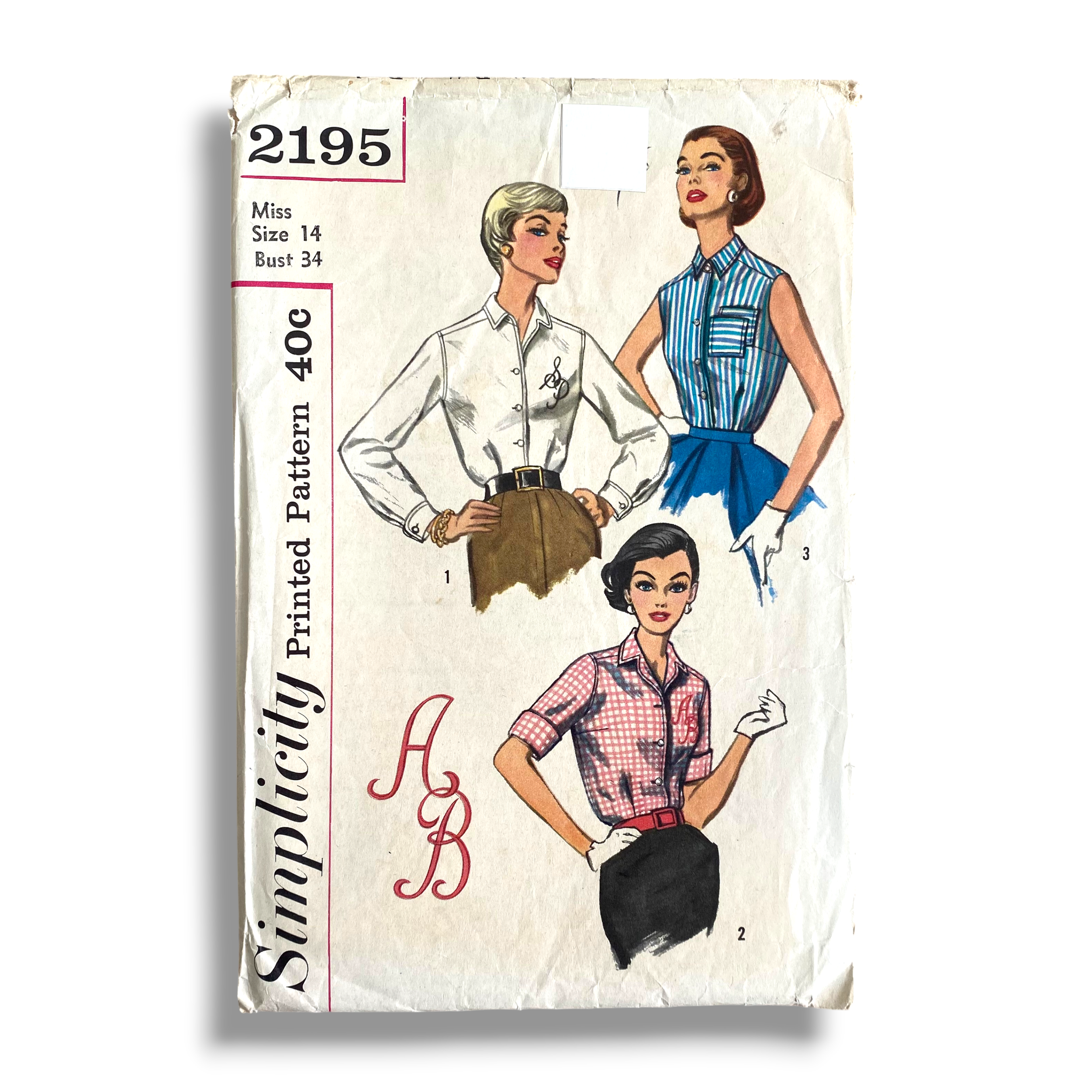Simplicity 2195, 50s Blouse with Transfers, Size 14/34, Cut & Complete, Vintage Sewing Pattern