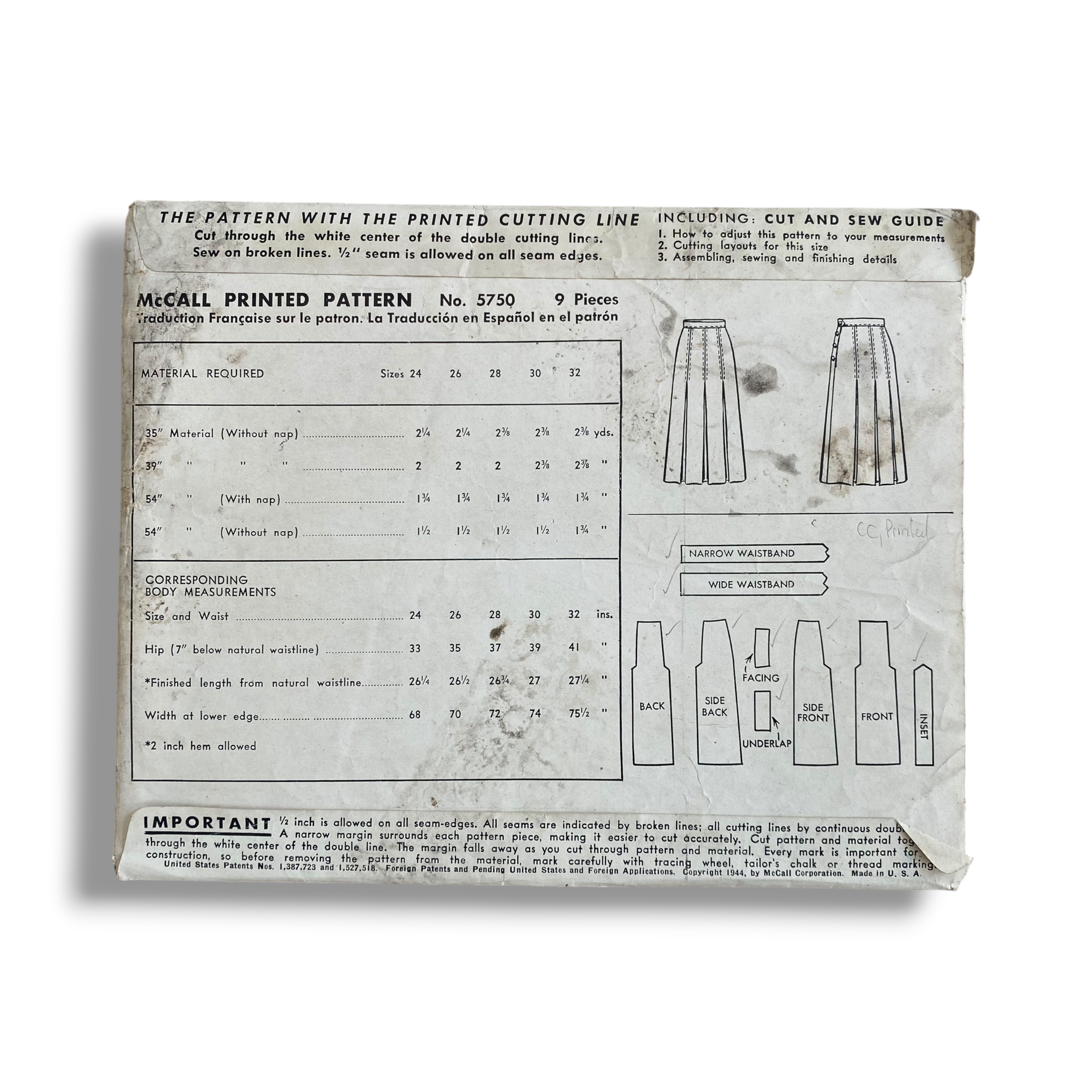 McCall 5750, 40s Skirt, Waist 26, Cut & Complete, Vintage Sewing Pattern1.PNG