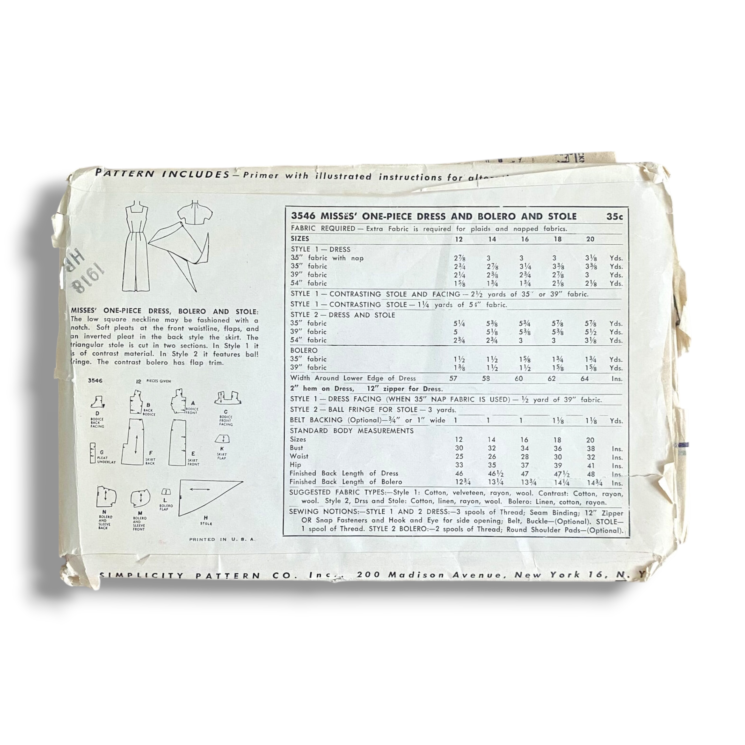 Simplicity 3546, 50s Dress:Bolero:Stole, Size 16:34, Factory Folded, Vintage Sewing Pattern1.PNG