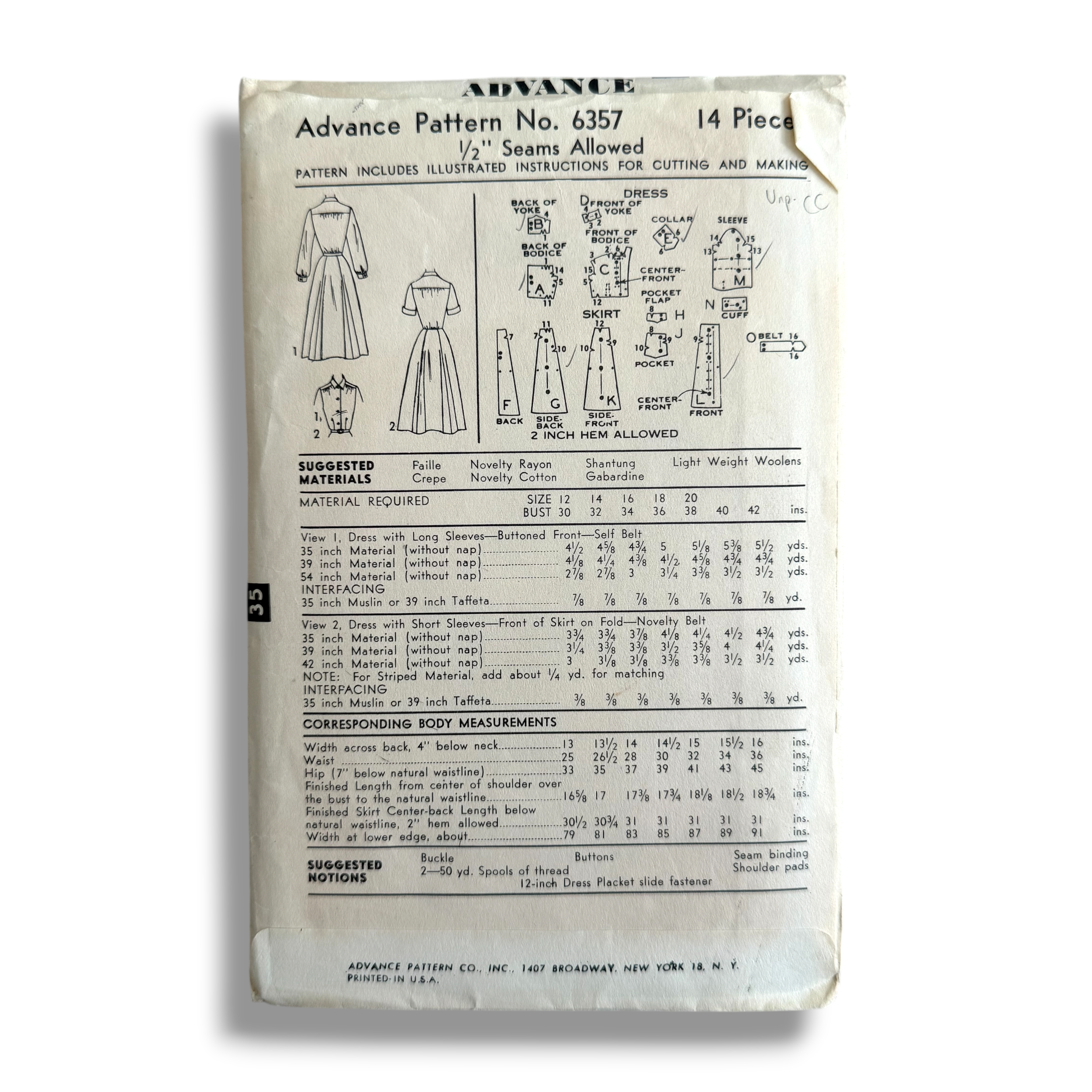 Advance 6357, 50s Dress, Size 16, Bust 34, Hip 37, Cut & Complete, Vintage Sewing Pattern1.PNG