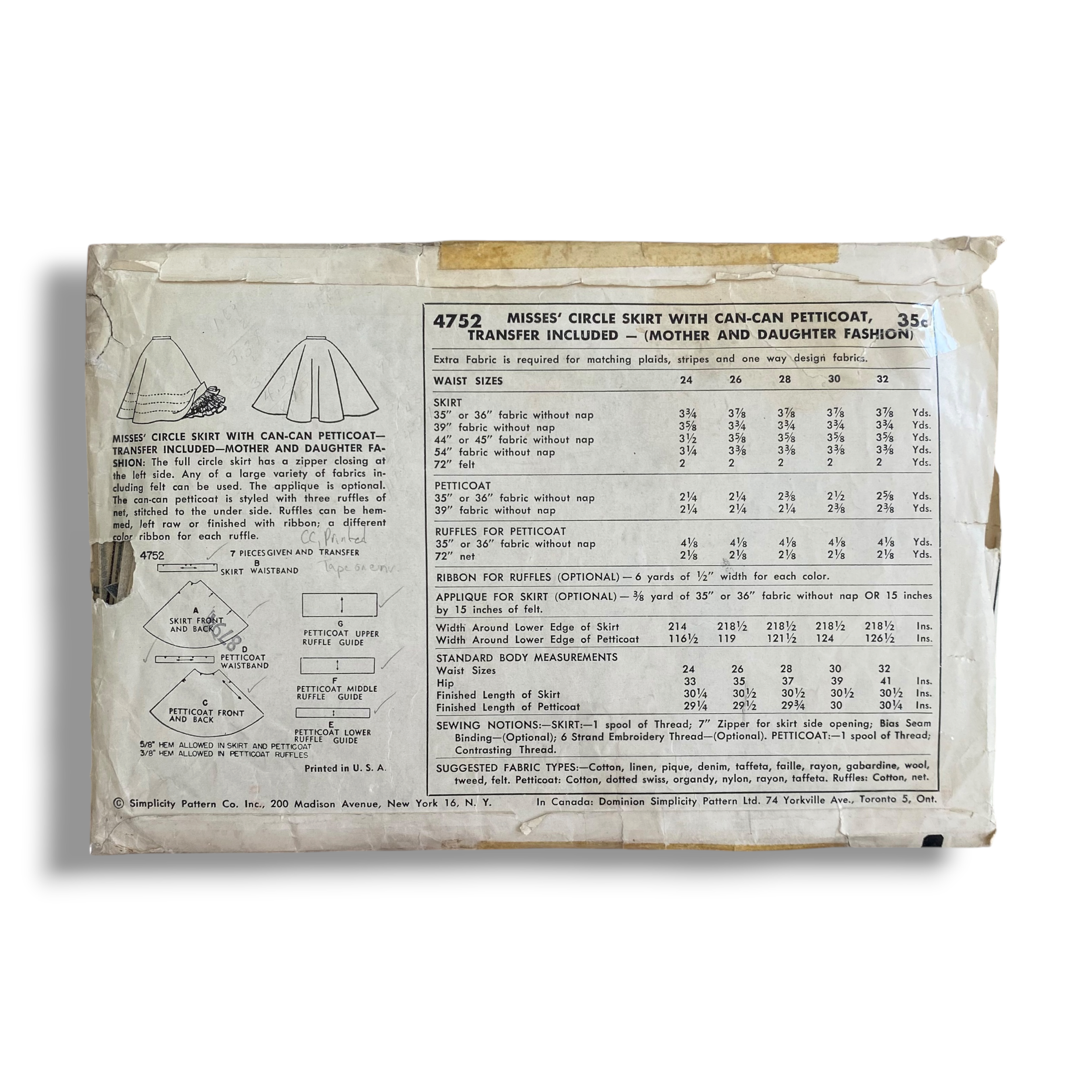 Simplicity 4752, 50s Circle Skirt with Can-Can Petticoat & Transfer, Waist 28, Hip 37, Cut & Complete, Vintage Sewing Pattern1.PNG