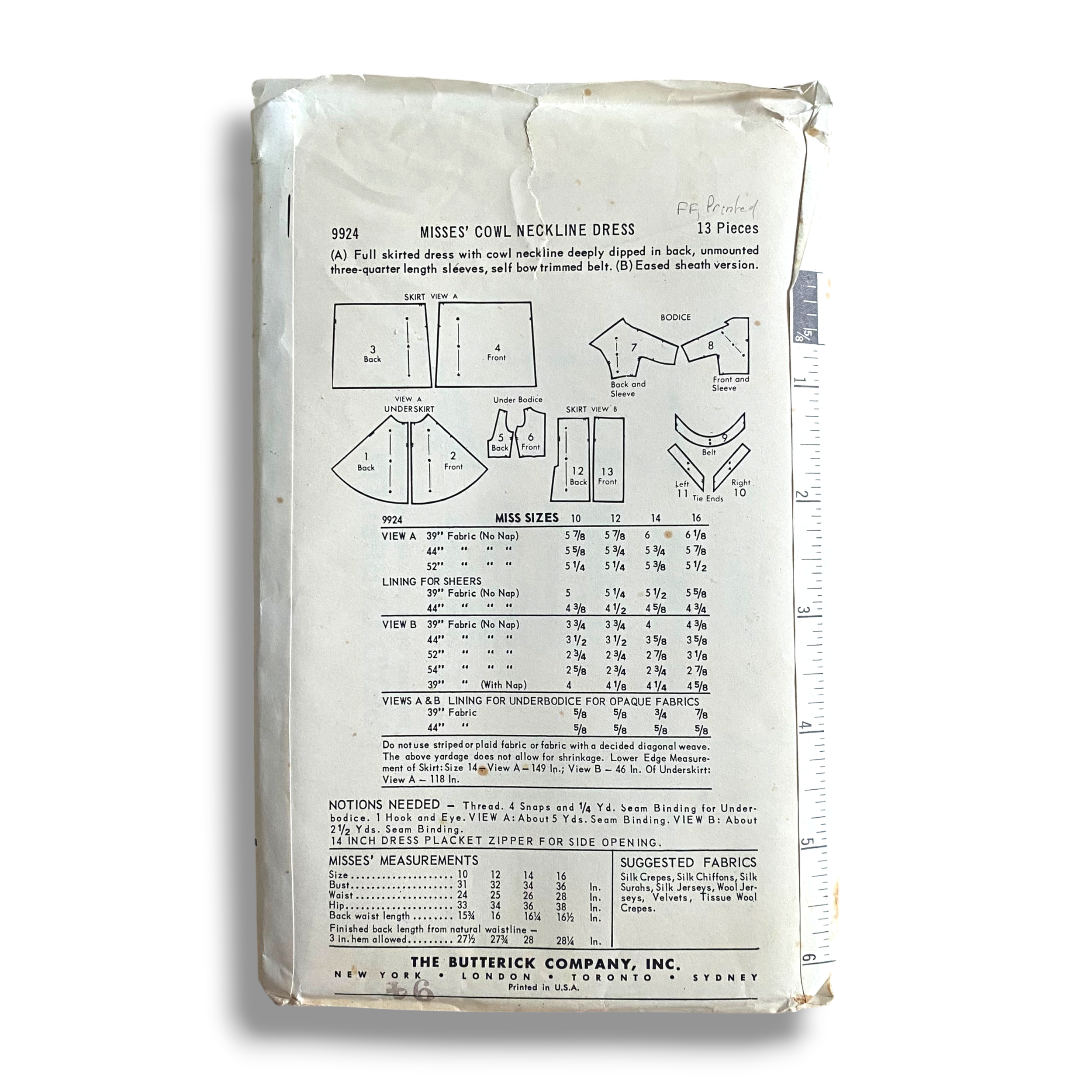 Butterick 9924, 60s Cowl Neckline Dress, Size 14:34, Factory Folded, Vintage Sewing Pattern1.PNG