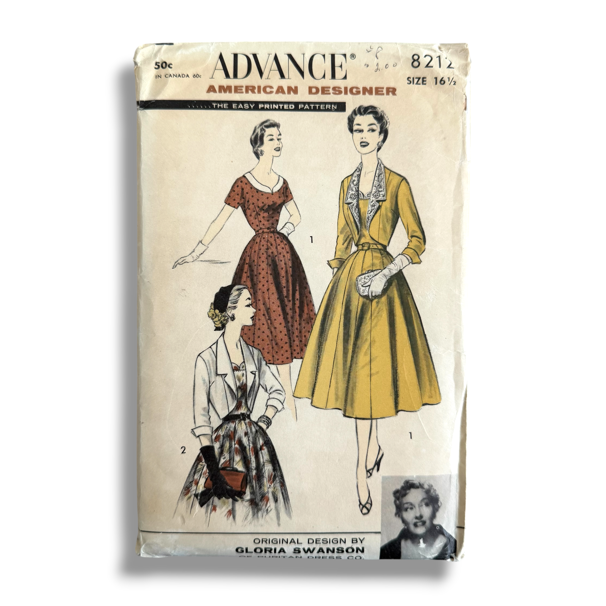 Advance 8212, Gloria Swanson, 50s Dress & Bolero, Size 16.5, Bust 37, Factory Folded, Vintage Sewing Pattern