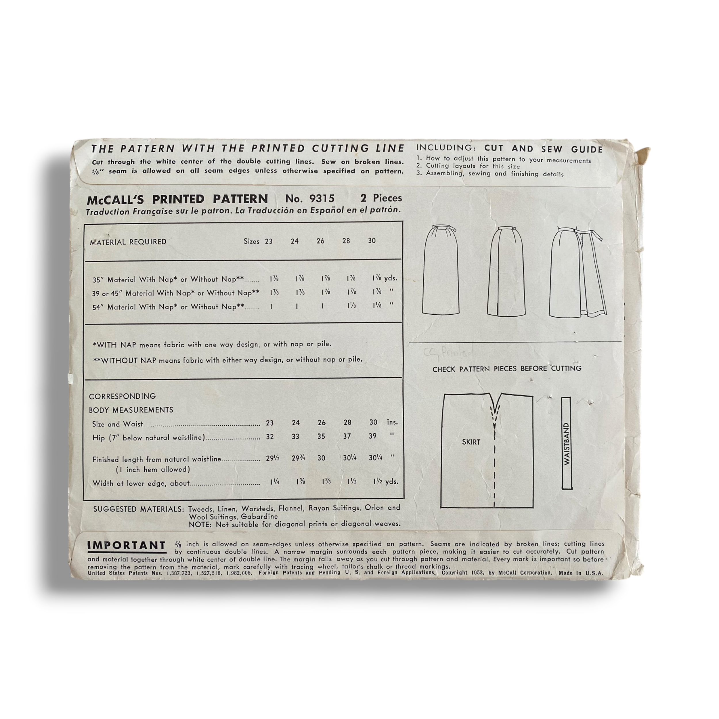 McCall’s 9315, 50s One-Piece Wrap-Around Skirt, W26, Cut & Complete, Vintage Sewing Pattern1.PNG