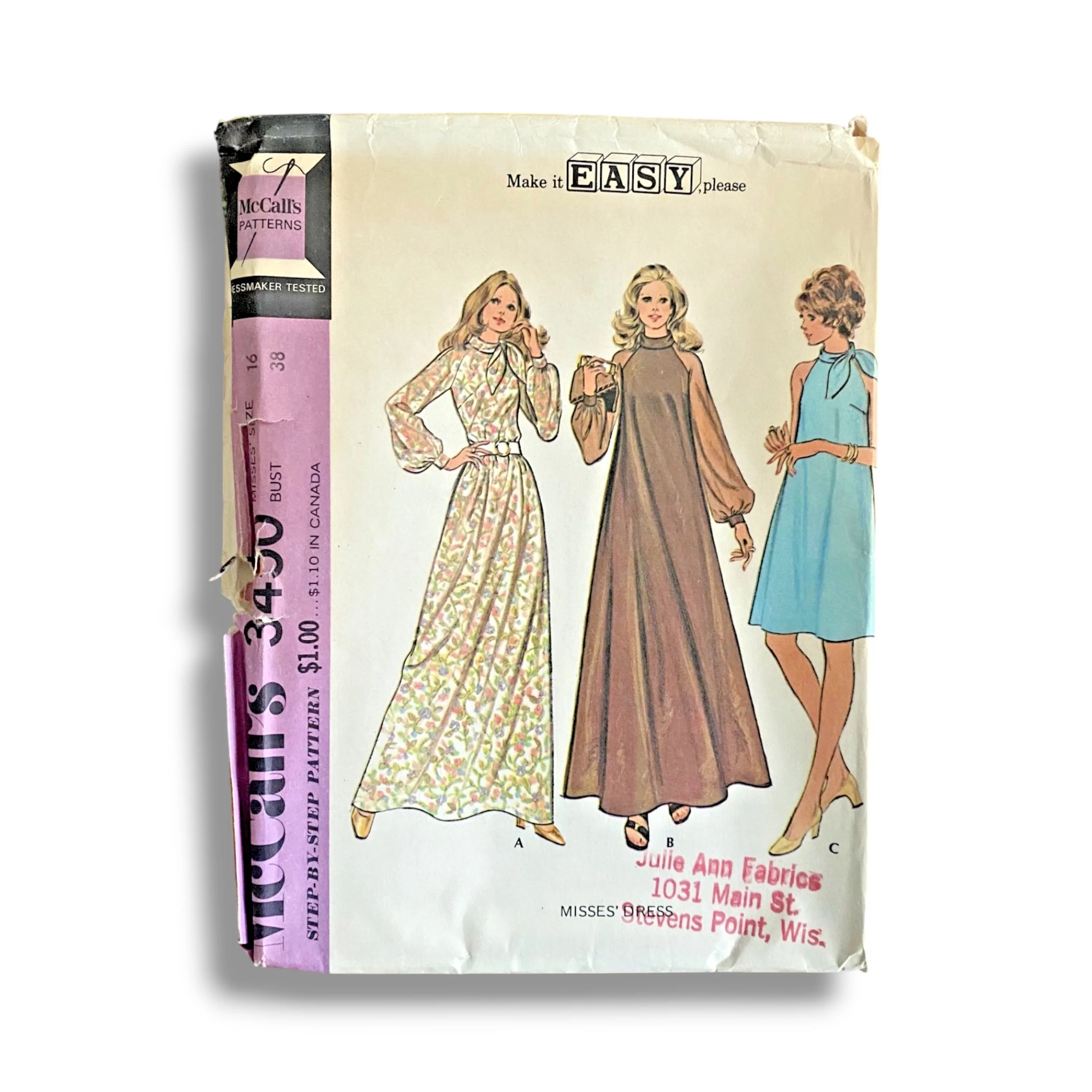 McCalls 3450, 70s Dress, Size 16:38, Cut & Complete, Vintage Sewing Pattern.jpg