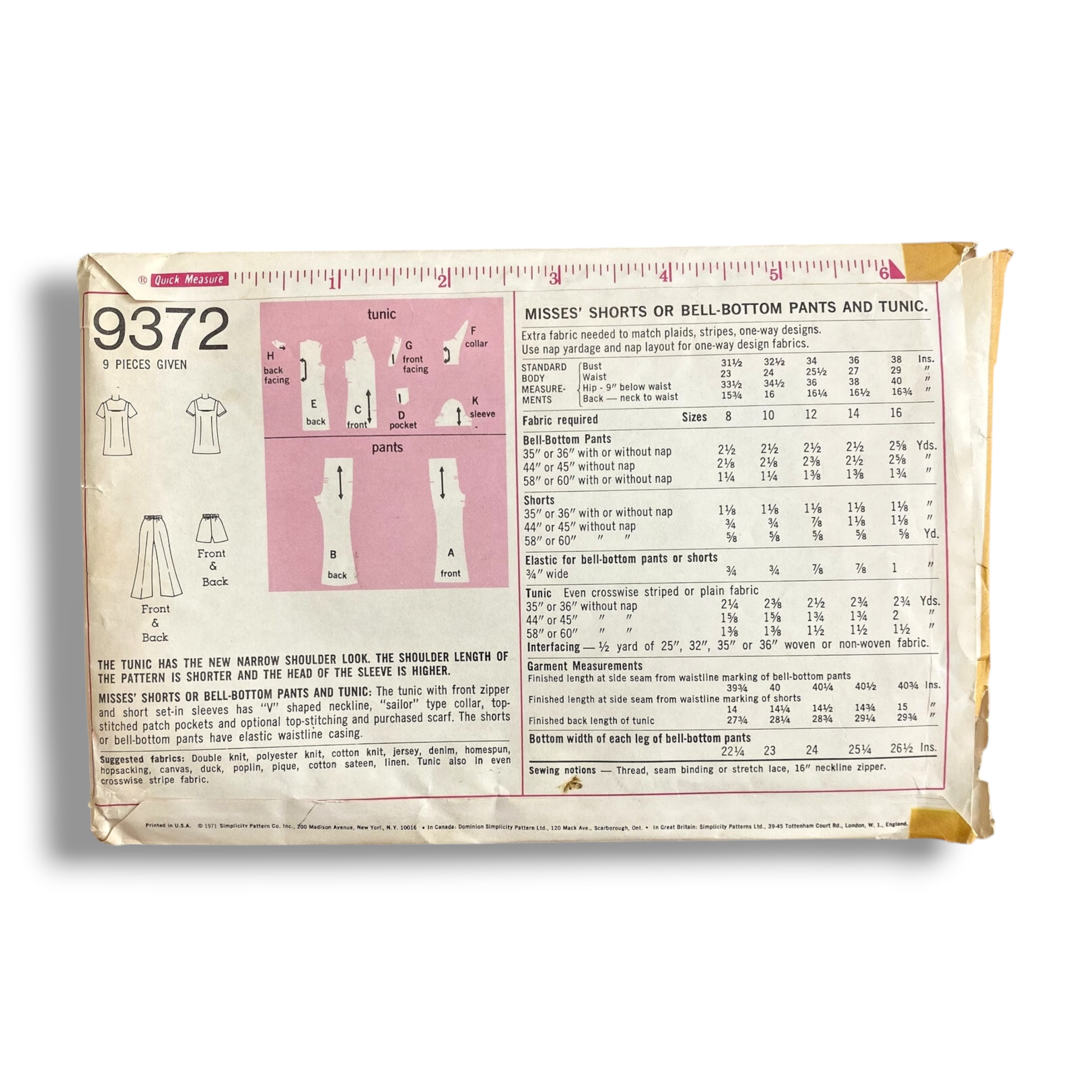 Simplicity 9372, 70s Shorts:Pant:Tunic, Size 8:31.5, Cut & Complete, Vintage Sewing Pattern1.PNG