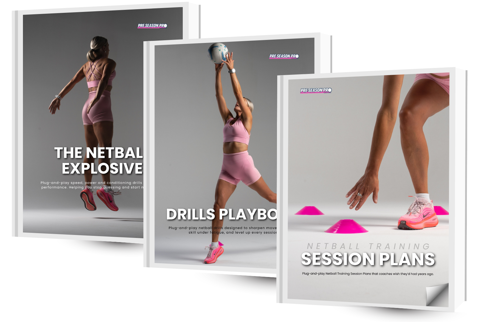 Three digital book covers featuring a netball player in pink sportswear on a gray background. "The Netball Explosive""Drills Playbook" "Session Plans" are designed for Coaching Resources for netball.