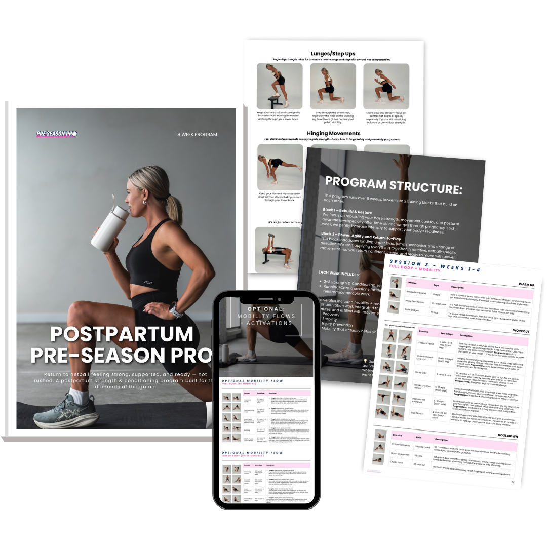 Postpartum pre-season netball program materials, including a PDF with a woman sitting in a workout pose, workout routines, and exercise guides for strength, mobility, and cool-down exercises.