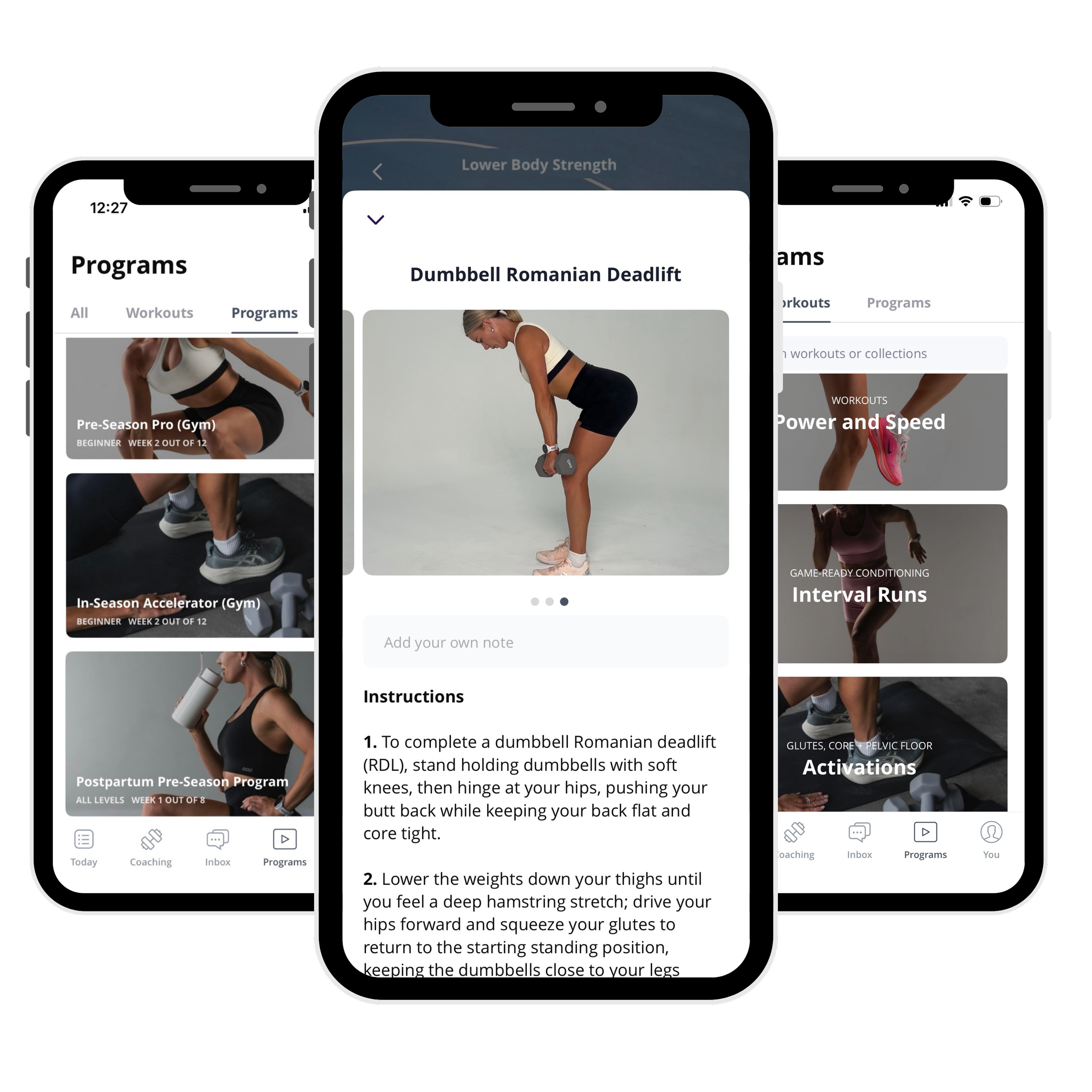Screenshots of a Netball Training app displaying workout programs and exercises, with a focus on a dumbbell Romanian deadlift instructional page.