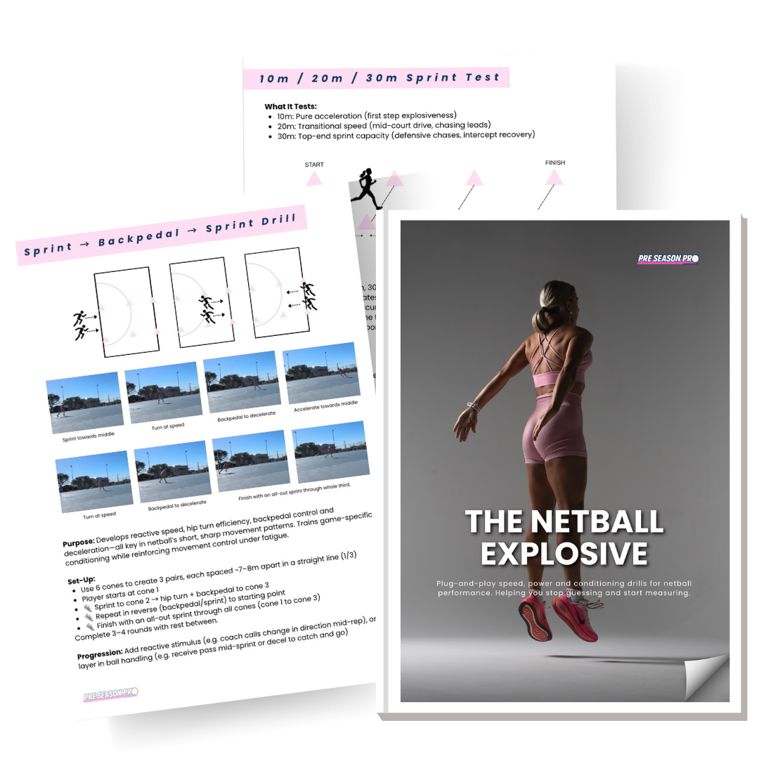 Coaching program with a photo of a netball player in gym wear, with pages detailing netball agility drills, including sprint tests and drill diagrams.