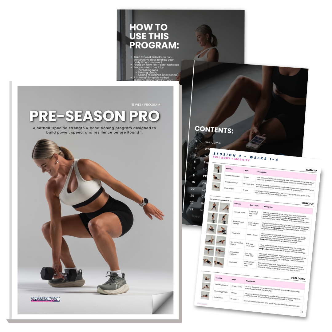 Cover page of a netball Strength & Conditioning program titled 'Pre-Season Pro'. Inside pages show workout schedules, exercises, and descriptions for a netball-specific strength and conditioning program.