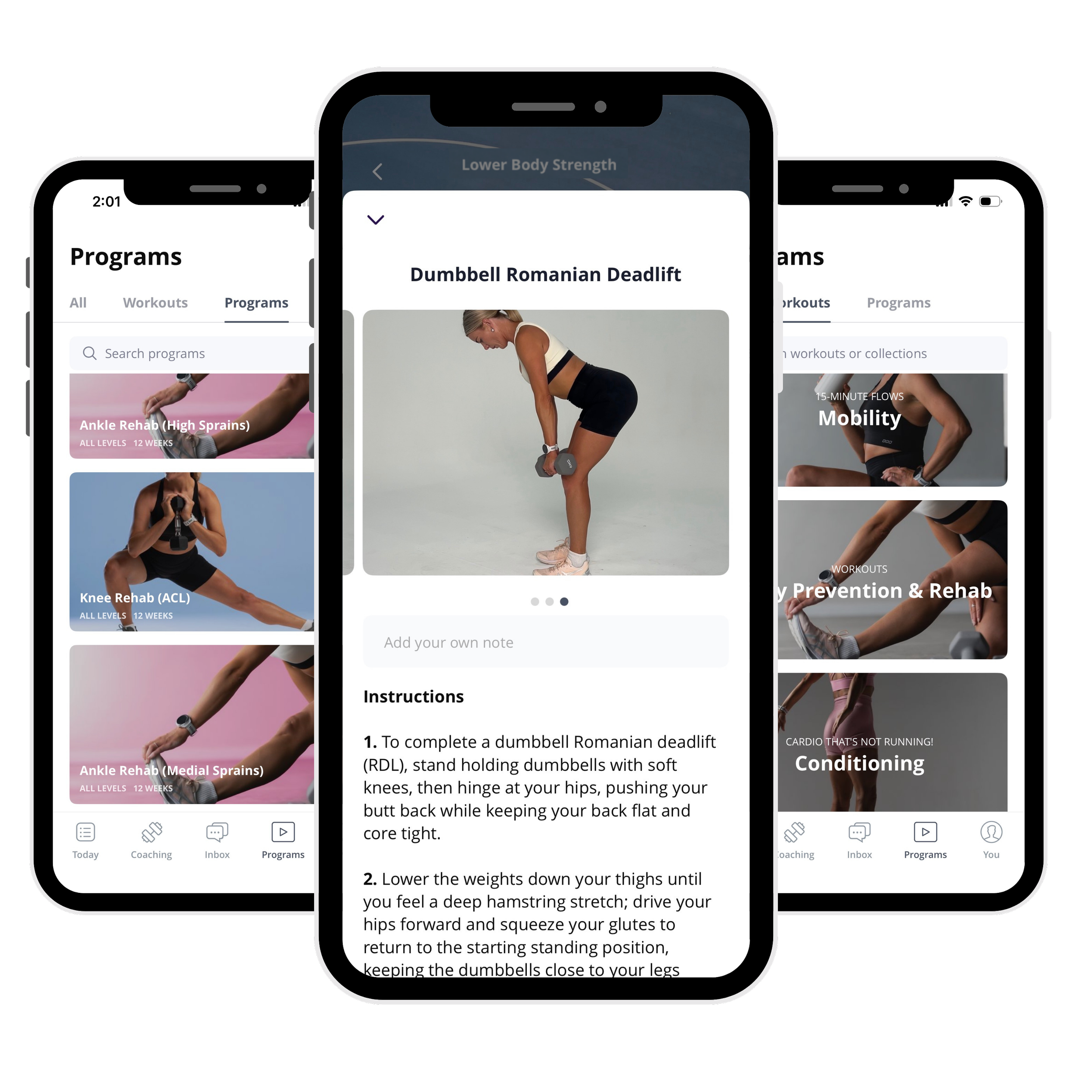 Mobile screens displaying netball performance app interface with workout programs and instructions for a Dumbbell Romanian Deadlift exercise.