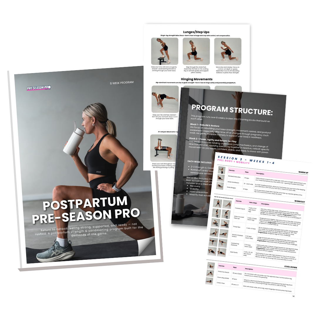 Postpartum pre-season netball program materials, including a PDF with a woman sitting in a workout pose, workout routines, and exercise guides for strength, mobility, and cool-down exercises.