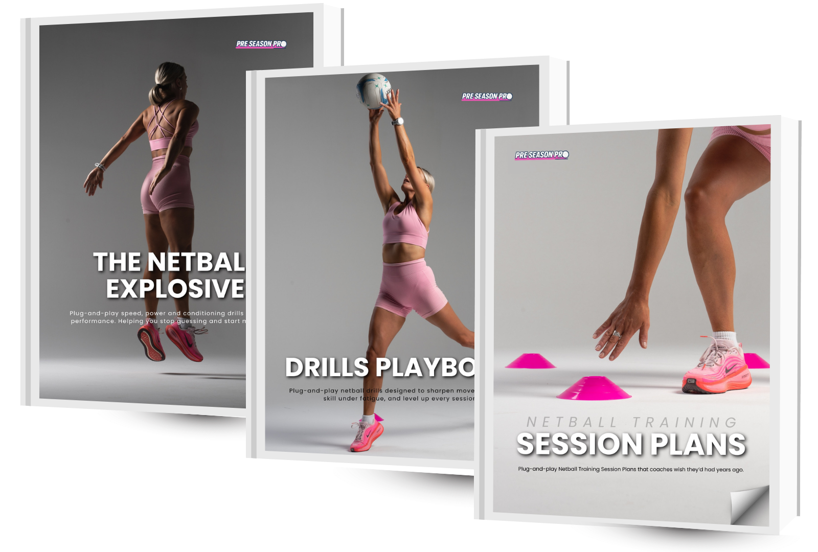 Three netball coaching resources featuring women in pink athletic wear demonstrating netball drills, exercises, and training session plans, with the titles 'The Netball Explosive,' 'Drills Playbook,' and 'Session Plans,' all labeled 'Pre Season Pro'.