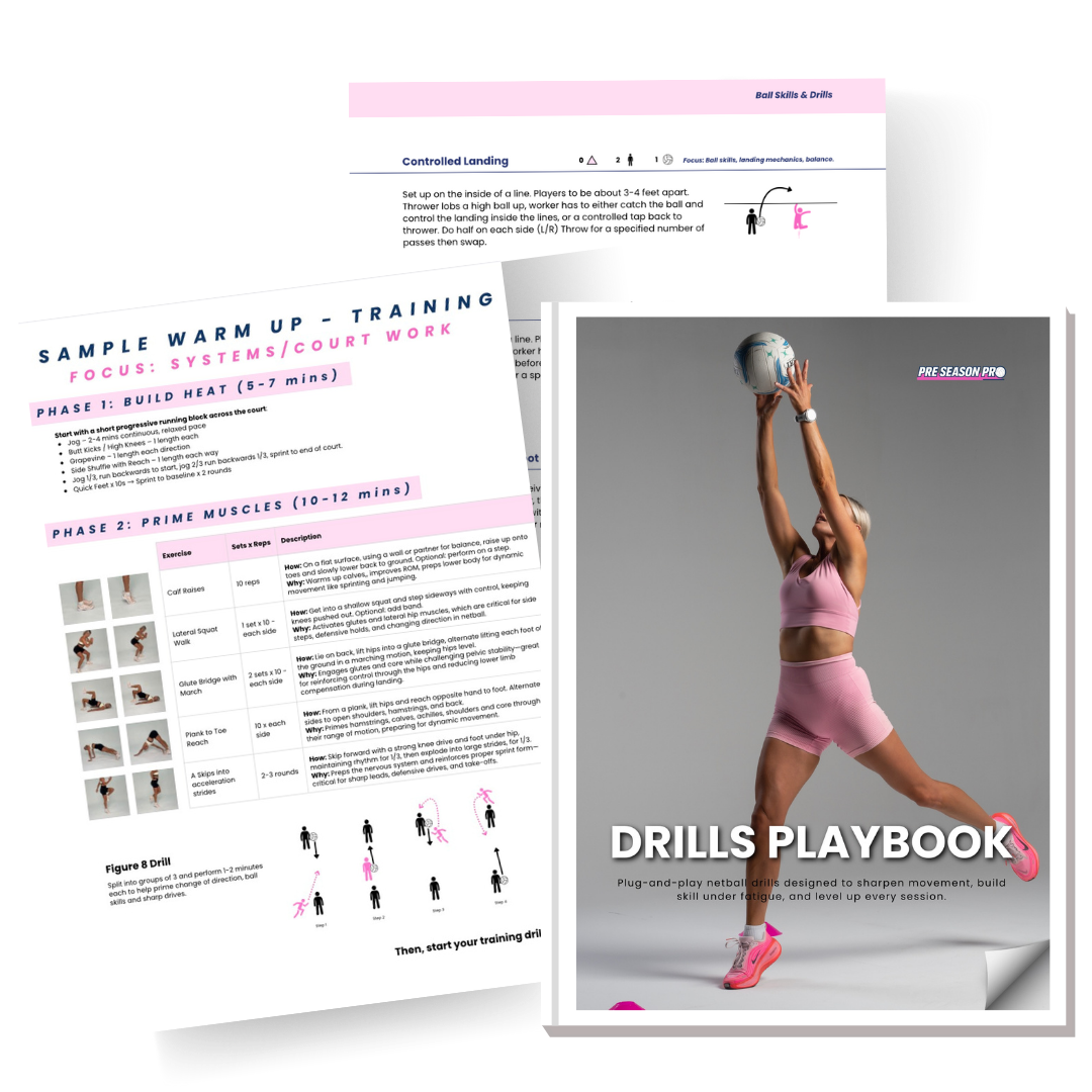 Cover page of a netball drills playbook with a female player in pink sportswear jumping to receive a netball pass against a gray background. Inside pages show warm-up and training exercises with text, images, and diagrams.