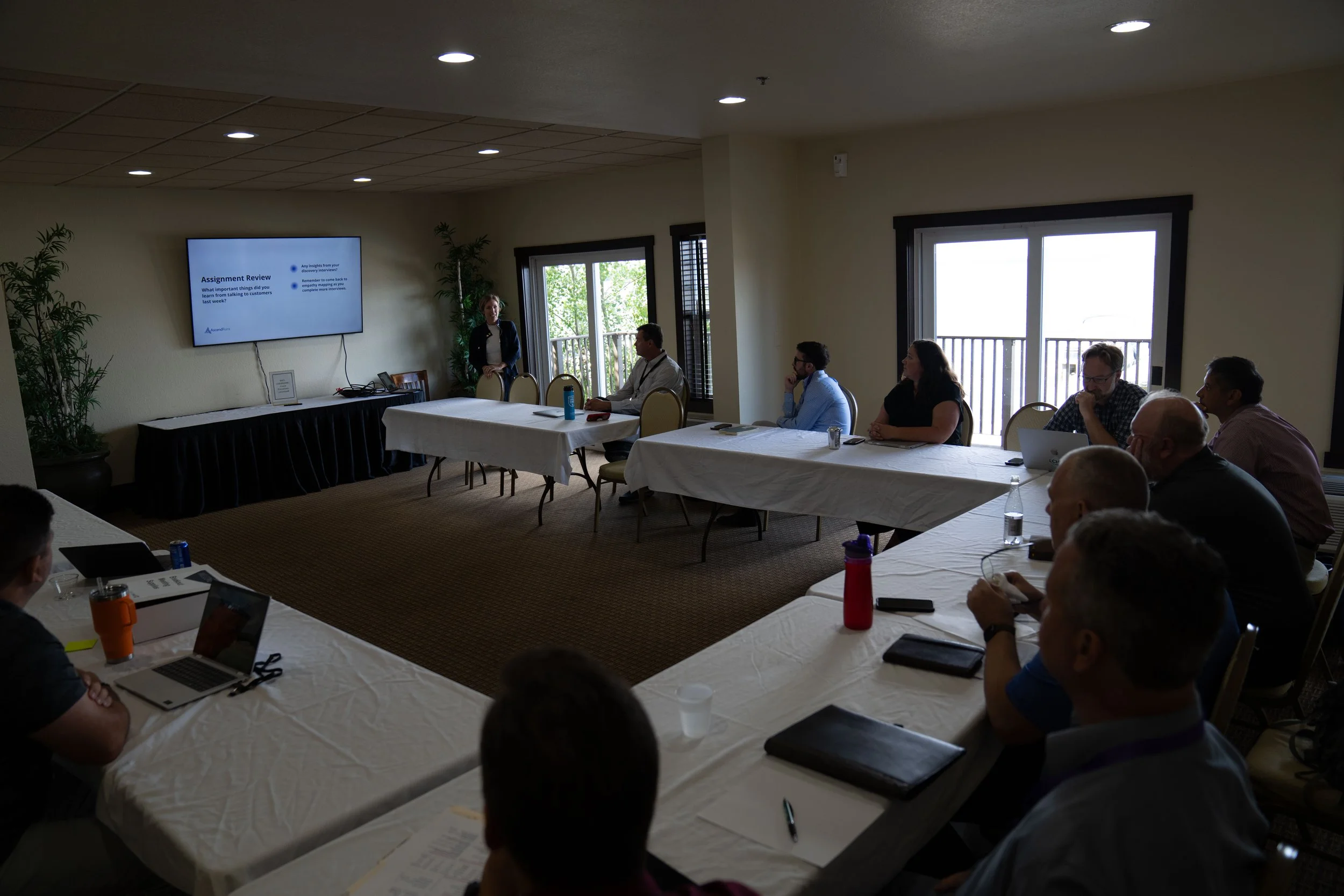 People sitting at a long table