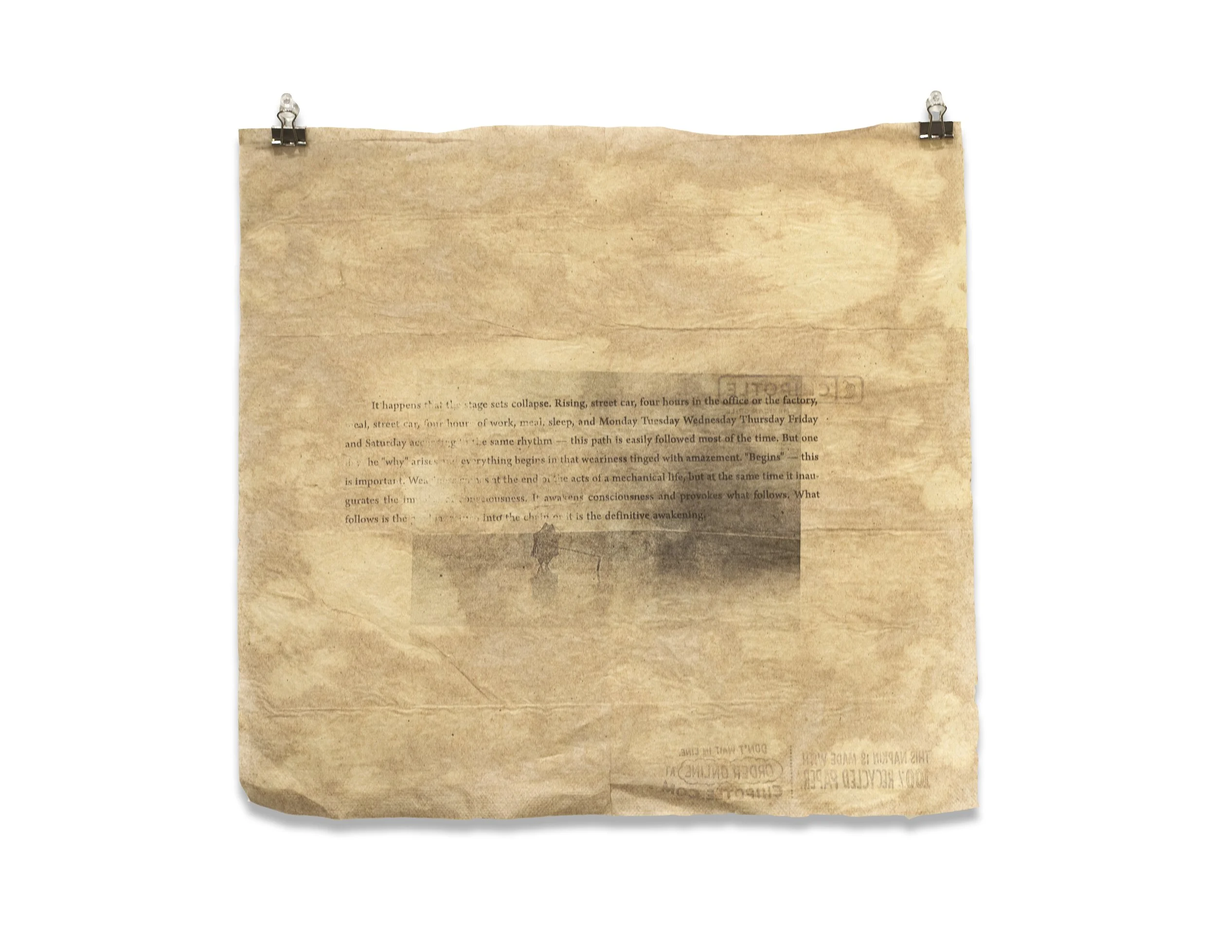 Odradek
12.75" x 12", 2023
Laser print transfer on napkin