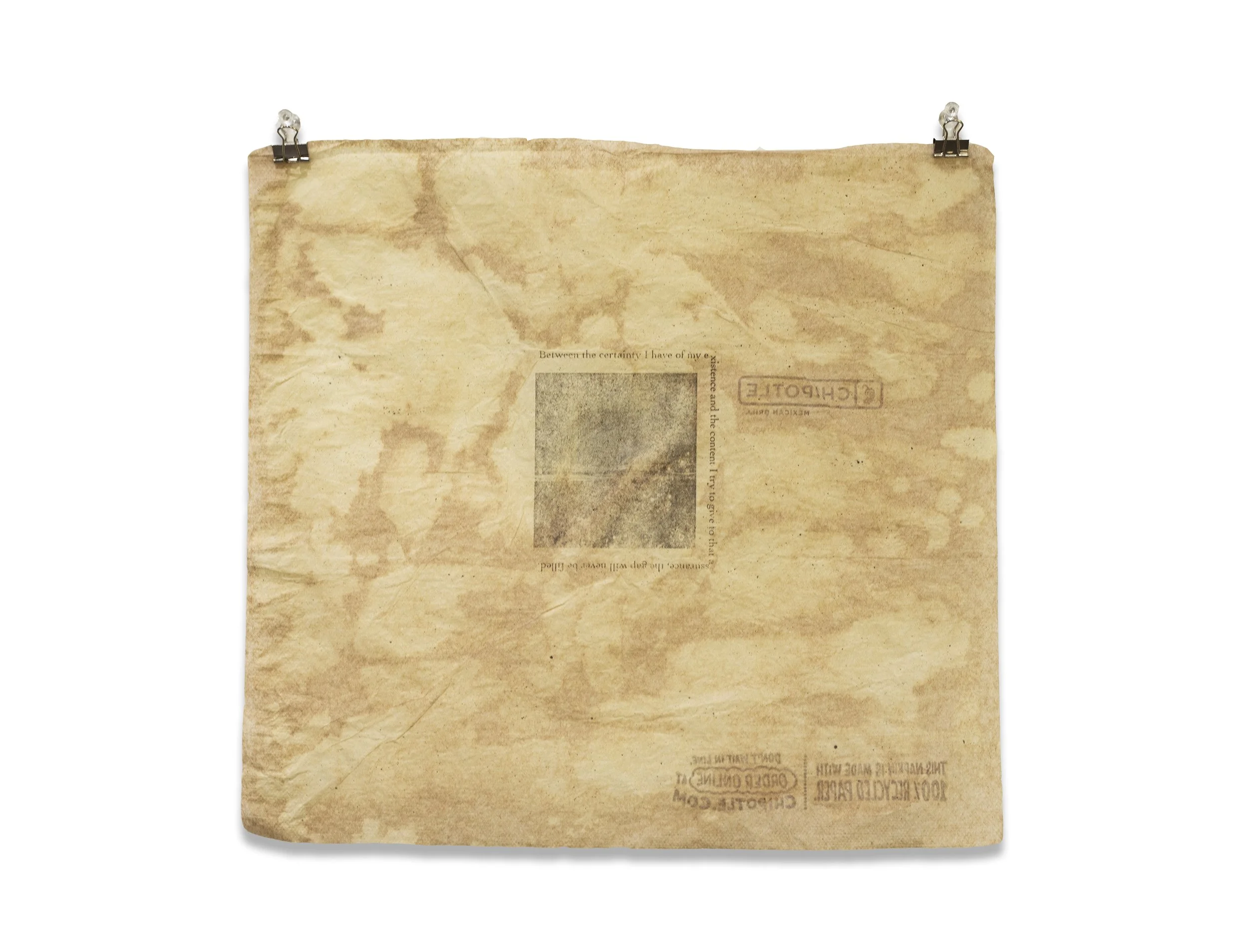 The Gap
12.75" x 12", 2023
Laser print transfer on napkin