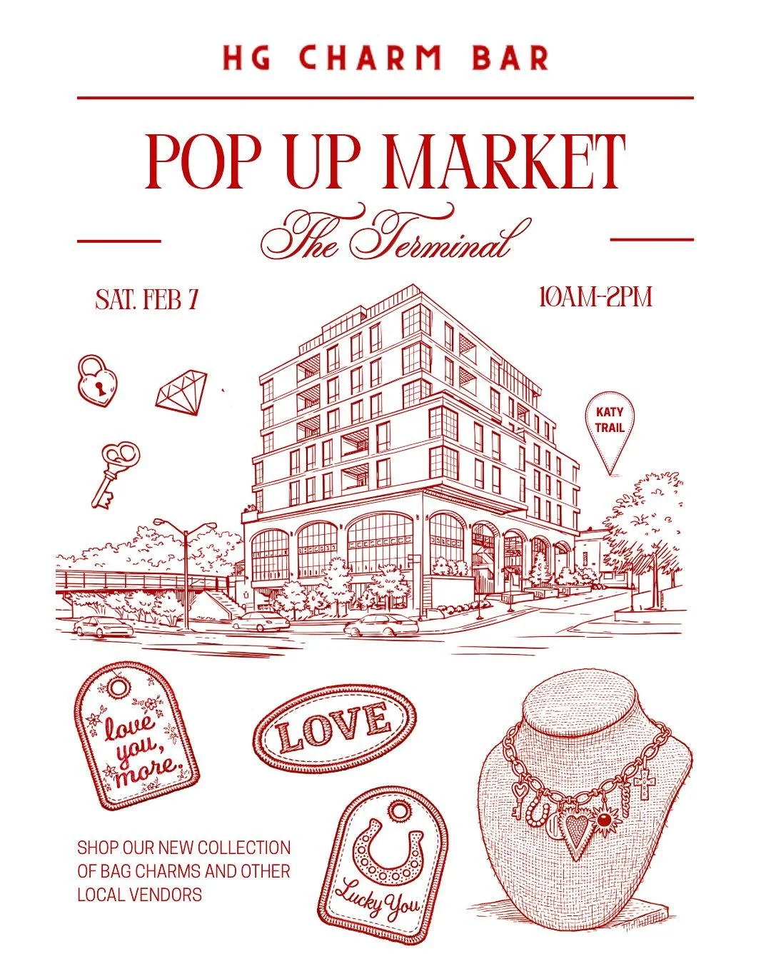 A busy weekend ahead and kicking it all off with a pop up market at @theterminal_kt Saturday from 10am-2pm. Come shop from our new Lucky in Love bag charm collection and other local vendors 🛍️&hearts;️

#dallascharmbar #dallasembroidery #dallasgifts