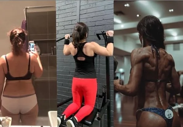 Three women in gym and bathroom settings: one taking a mirror selfie in underwear, one performing pull-ups in gym attire, and one flexing back muscles in a competition or workout setting.
