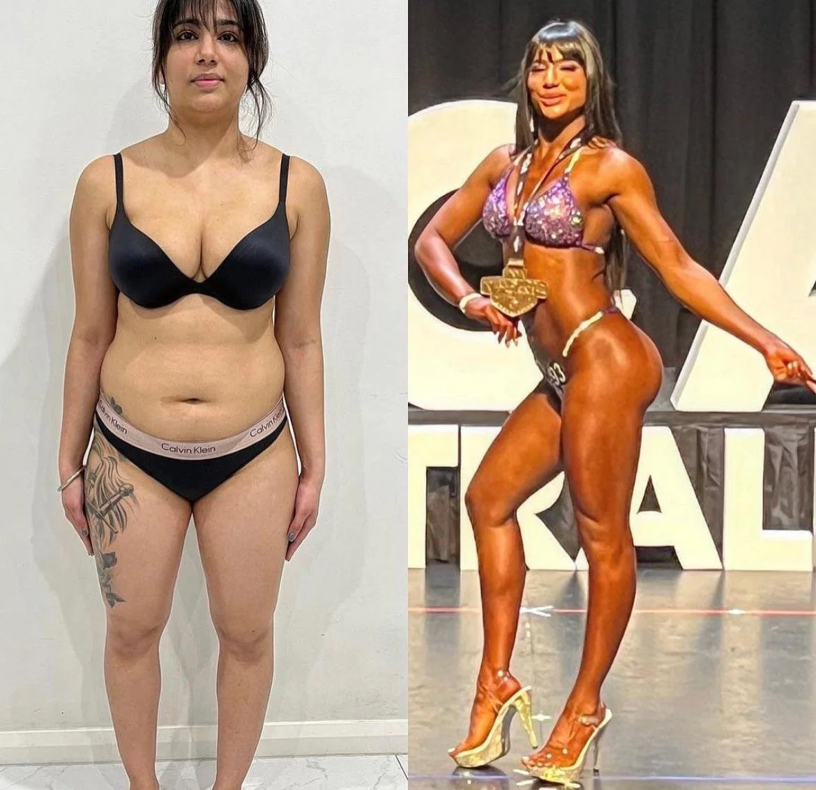 Comparison of a woman before and after bodybuilding competition showing increased muscle definition and posing on stage.