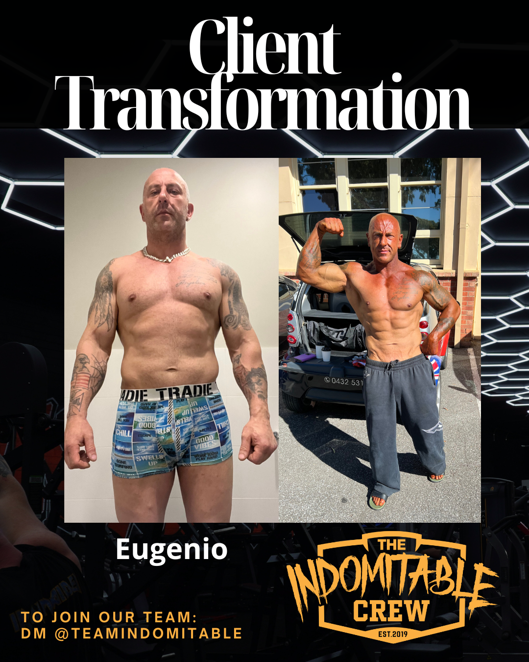 Side-by-side comparison of two shirtless men, one before and one after fitness transformation, with text 'Client Transformation' and 'The Indomitable Crew' logo.