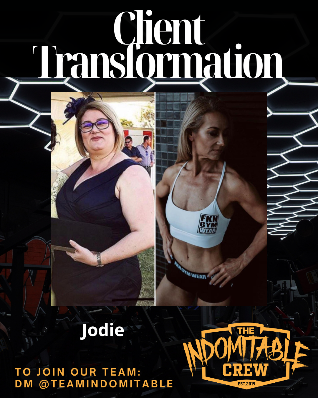 Side-by-side photos of a woman before and after a fitness transformation, with text reading 'Client Transformation' and details about joining the team.