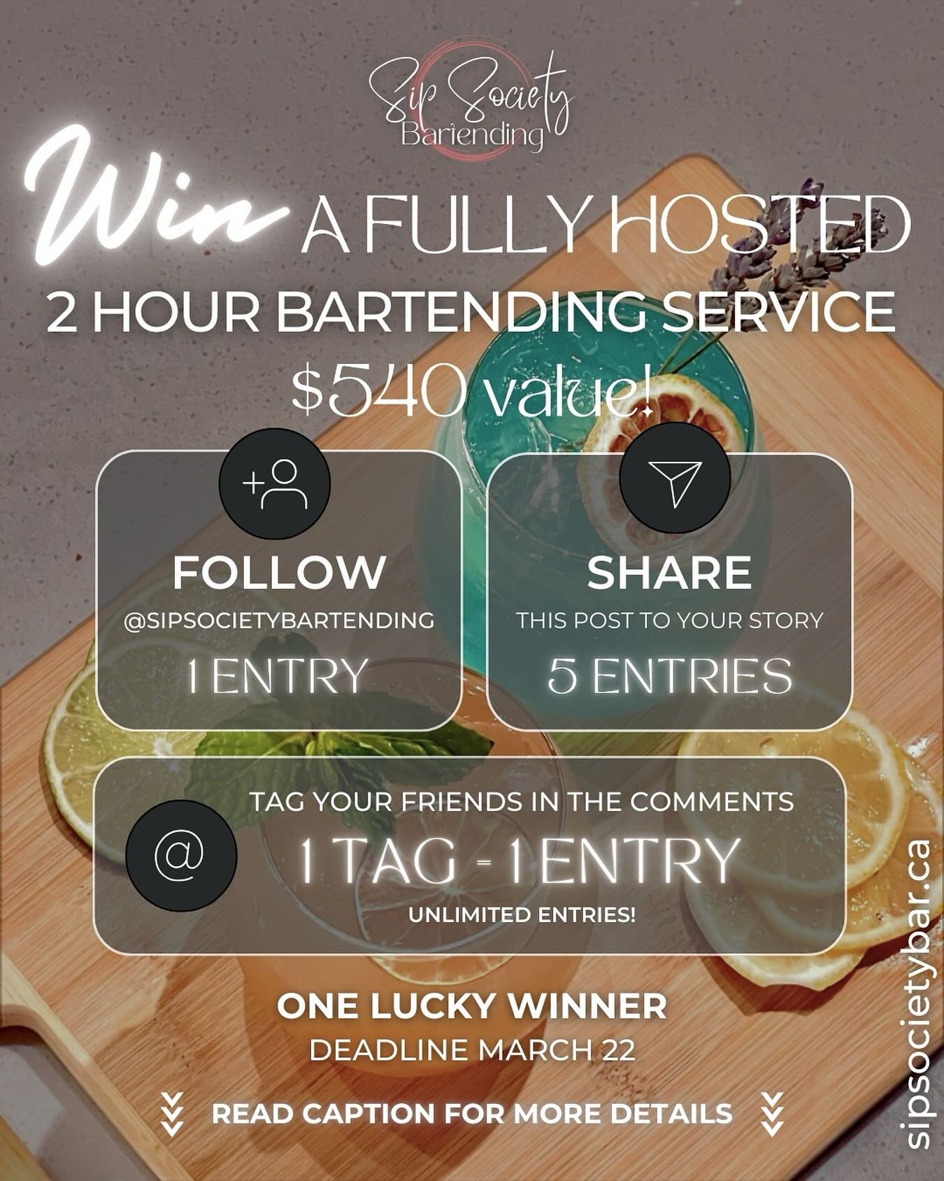 🎉 𝐆𝐈𝐕𝐄𝐀𝐖𝐀𝐘 𝐀𝐋𝐄𝐑𝐓! 🎉

We&rsquo;re spreading the love with a special 𝐒𝐢𝐩 𝐒𝐨𝐜𝐢𝐞𝐭𝐲 𝐁𝐚𝐫𝐭𝐞𝐧𝐝𝐢𝐧𝐠 𝐆𝐢𝐯𝐞𝐚𝐰𝐚𝐲!🍹✨ One lucky winner will get a 𝐅𝐔𝐋𝐋𝐘 𝐇𝐎𝐒𝐓𝐄𝐃 𝐛𝐚𝐫𝐭𝐞𝐧𝐝𝐢𝐧𝐠 𝐞𝐱𝐩𝐞𝐫𝐢𝐞𝐧𝐜𝐞 valued at 