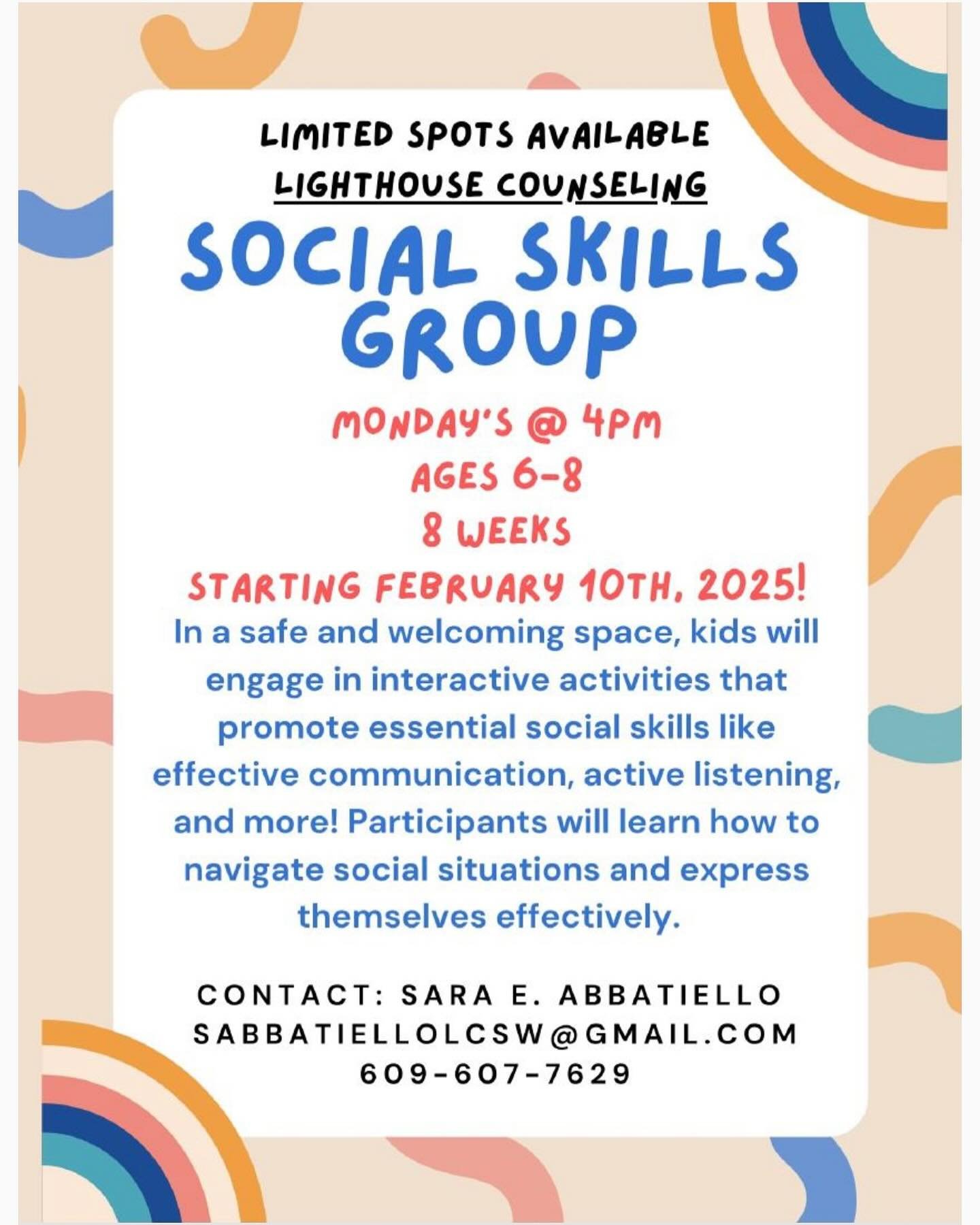 Our first Social Skills Group of 2025 starts February 10th! Contact Sara ASAP to register. Only a few spots remaining.
#socialskillsgroup #friendship #monmouthcountynj #tintonfallsnj #sandtraytherapy #grouptherapy #socialwork #counseling