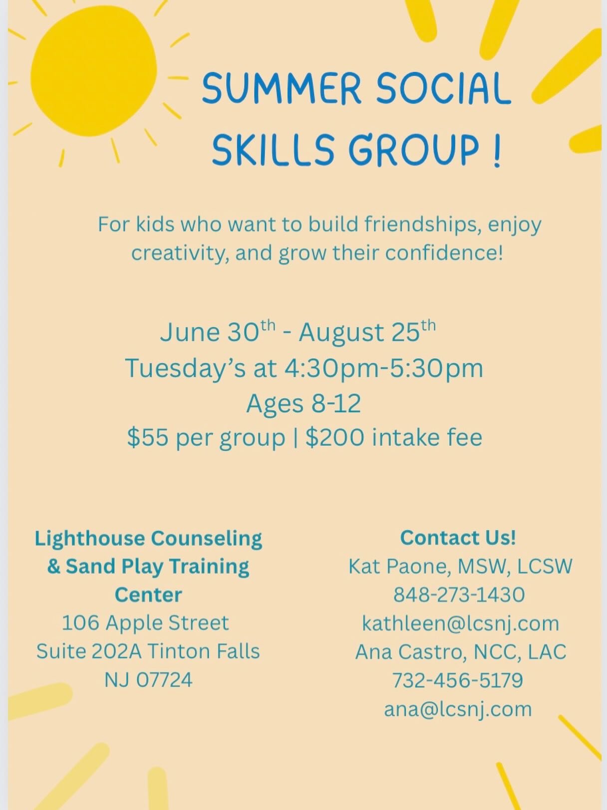 We have a few spots left for our summer social skills program! Please contact Ana or Kat to schedule an intake to guarantee a place in the group. This program will incorporate sand play, social skills building and coping strategies to assist with beh