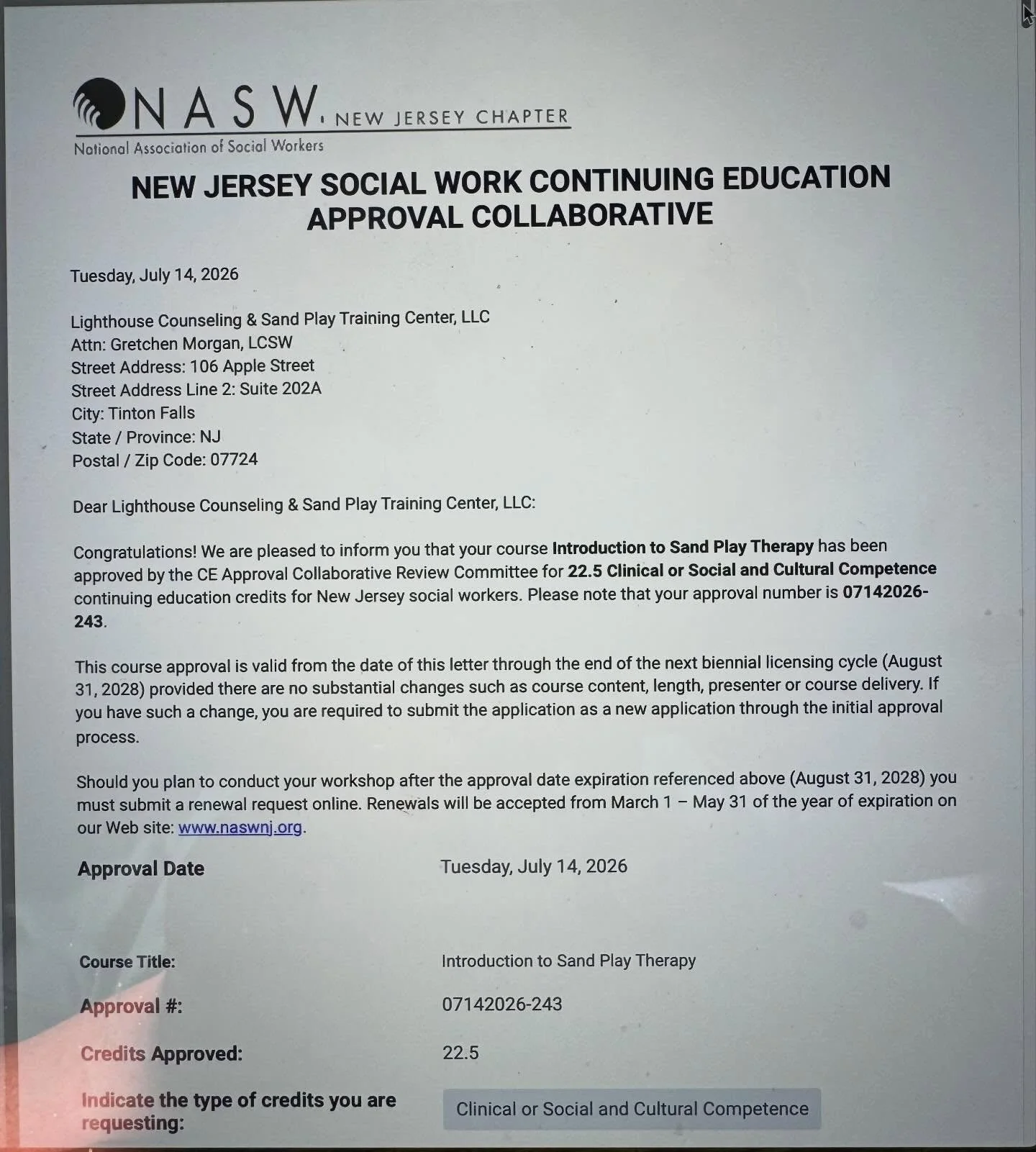 Great news to report! We have just received our official renewal notices from the NASW-NJ CE Collaborative for our Introduction, Intermediate, Advanced and 1.5 hour Sand Play Trainings. This will be our 13th year working directly with @naswnj to prov