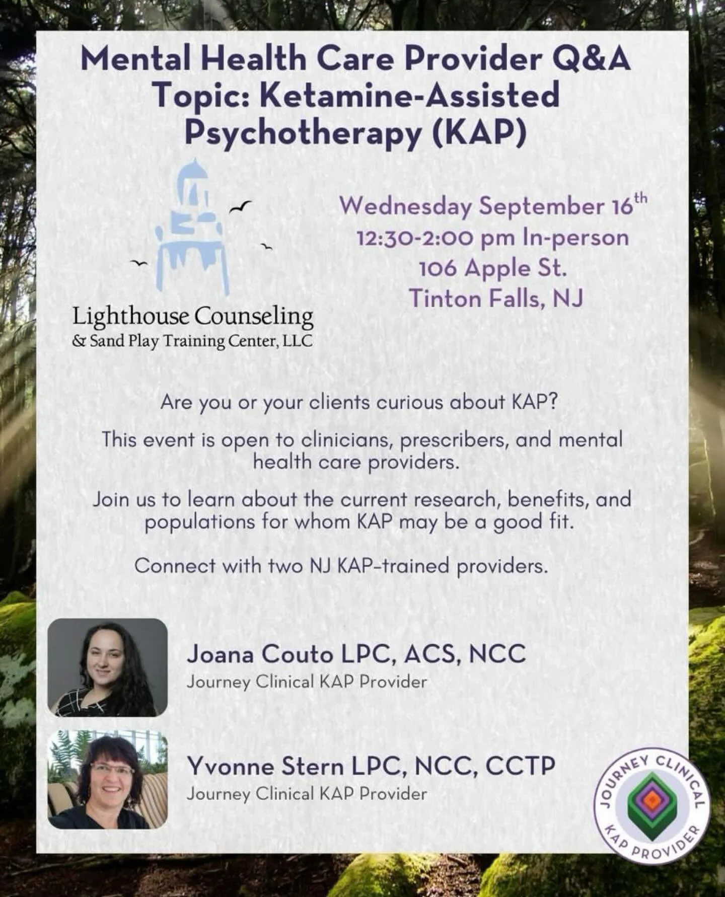 Are you or your clients curious about KAP?

This event is open to clinicians, prescribers, and mental health care providers.

Join us to learn about the current research, benefits, and populations for whom KAP may be a good fit.

Connect with two NJ 
