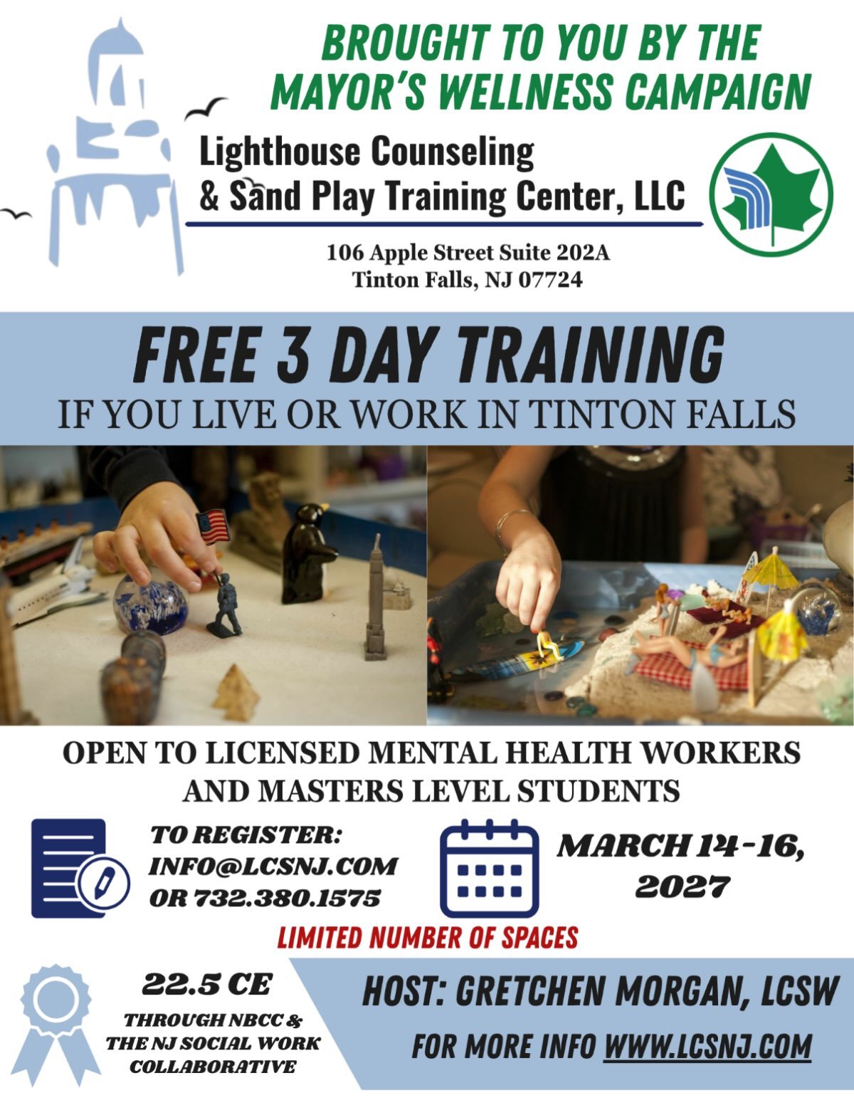 We are so excited to announce our collaboration with @mayorrisaclay and her Mayor&rsquo;s Wellness Campaign in Tinton Falls. We are offering a FREE 3 day Introduction to Sand Play training to therapists and mental health graduate students who live or