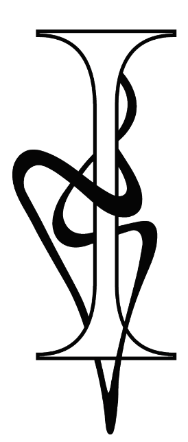 A stylized, black-and-white illustration of a trumpet intertwined with a ribbon or strap.
