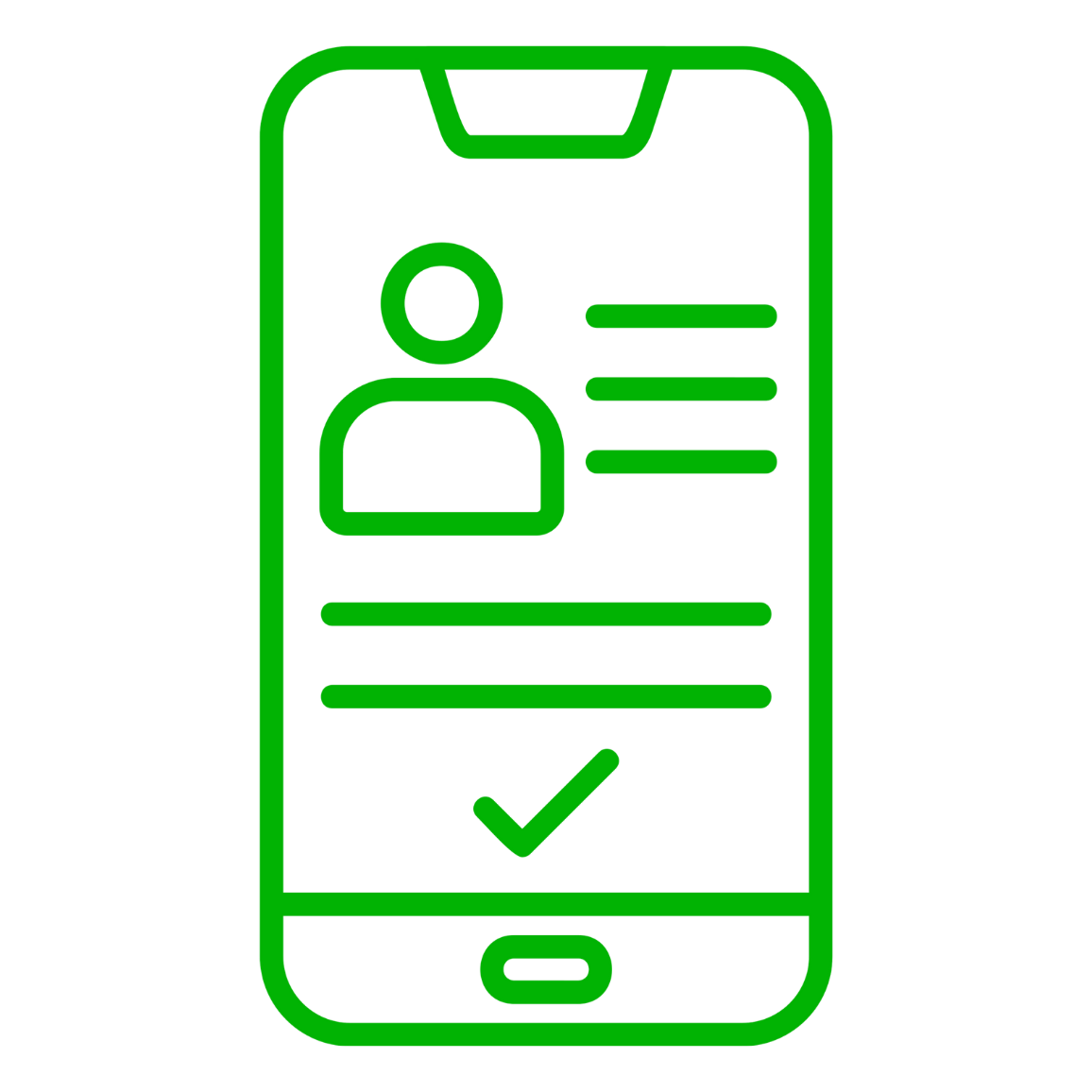 Digital illustration of a smartphone screen displaying a person's profile picture and lines of text, with a checkmark at the bottom.