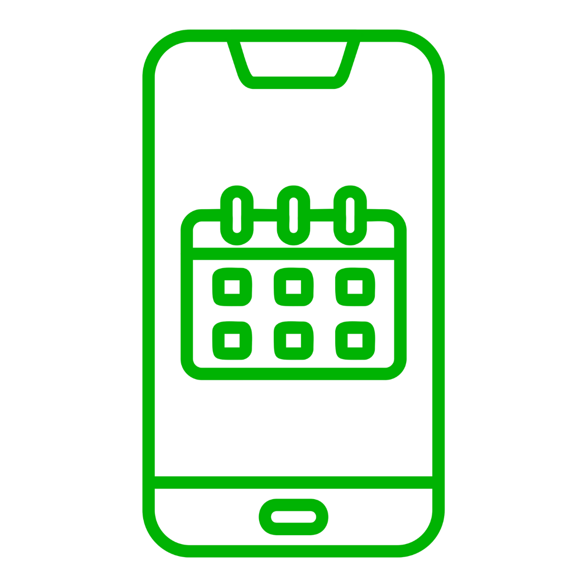 Green outline of a smartphone with a calendar app icon on the screen.