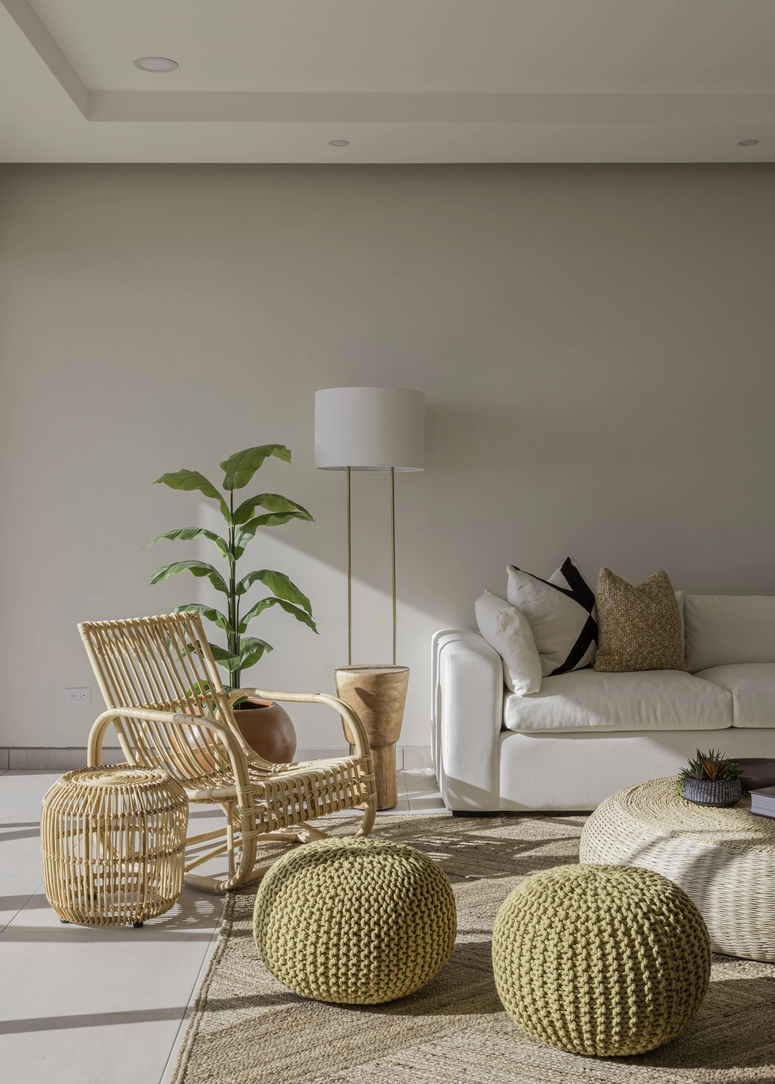 Modern living room with wicker chair, white sofa, potted plant, floor lamp, and textured poufs on a woven rug.