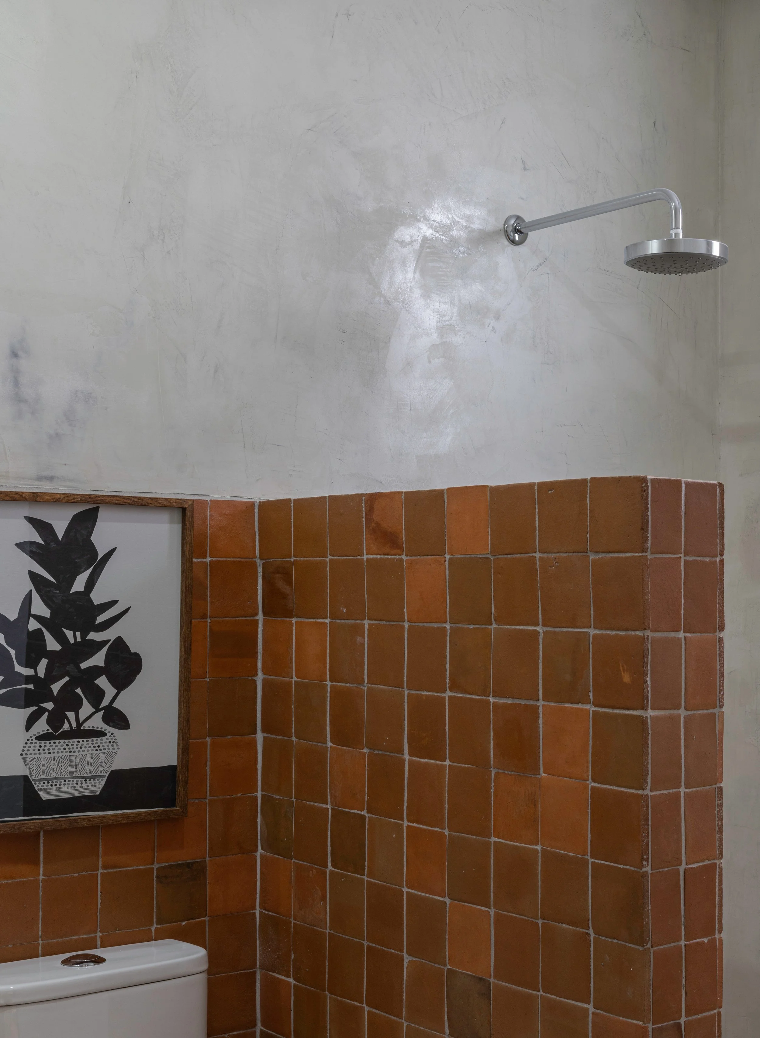 A bathroom with a shower overhead and a half wall tiled in orange-brown tiles, with a black and white framed art print of a potted plant above a white toilet.