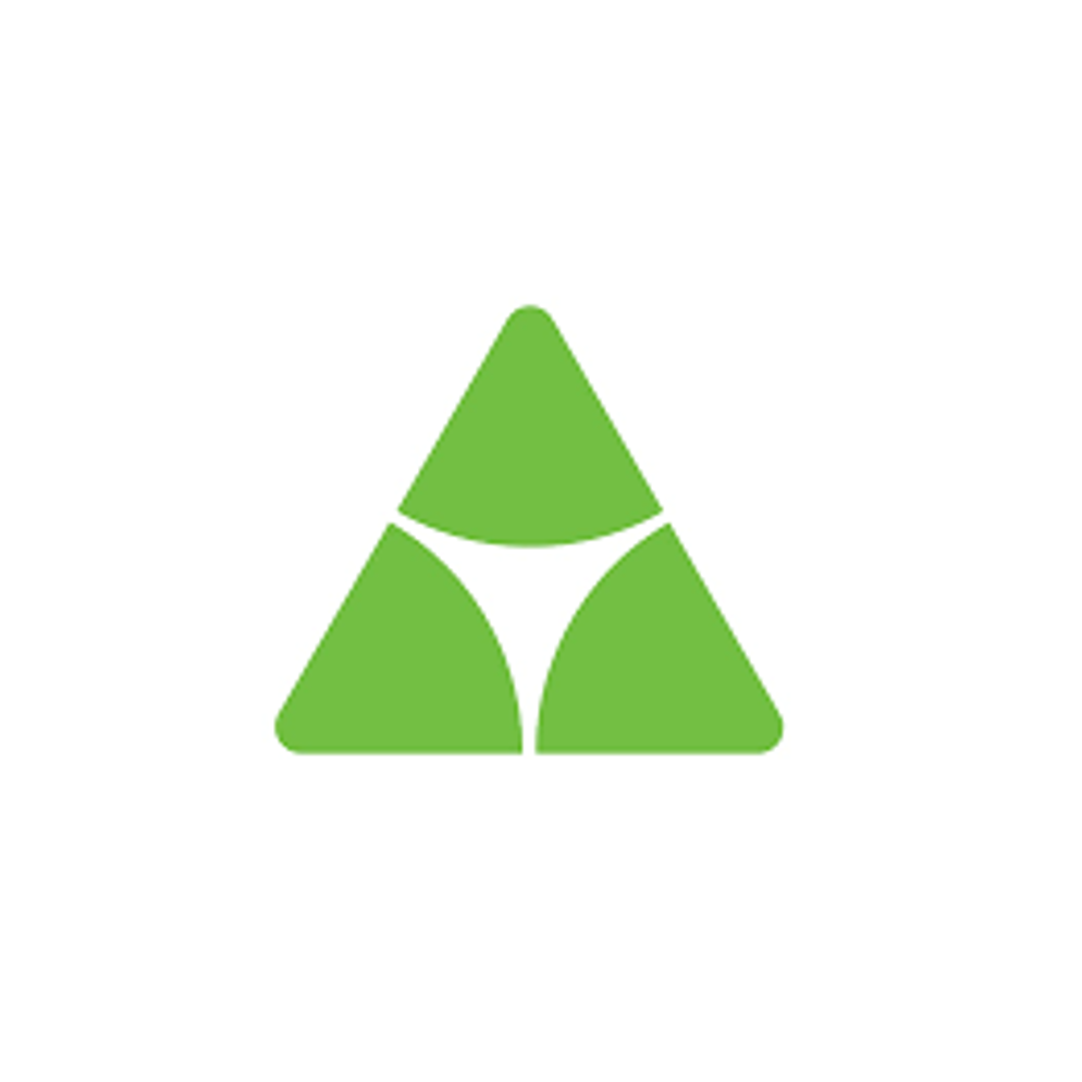 Green geometric logo with three shapes forming a triangle on a white background.