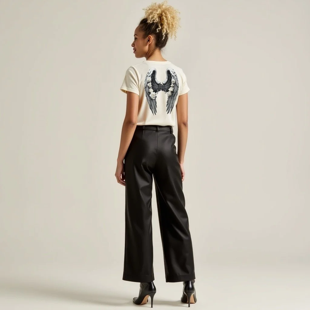 Grey angel wings with white roses on a cream shirt