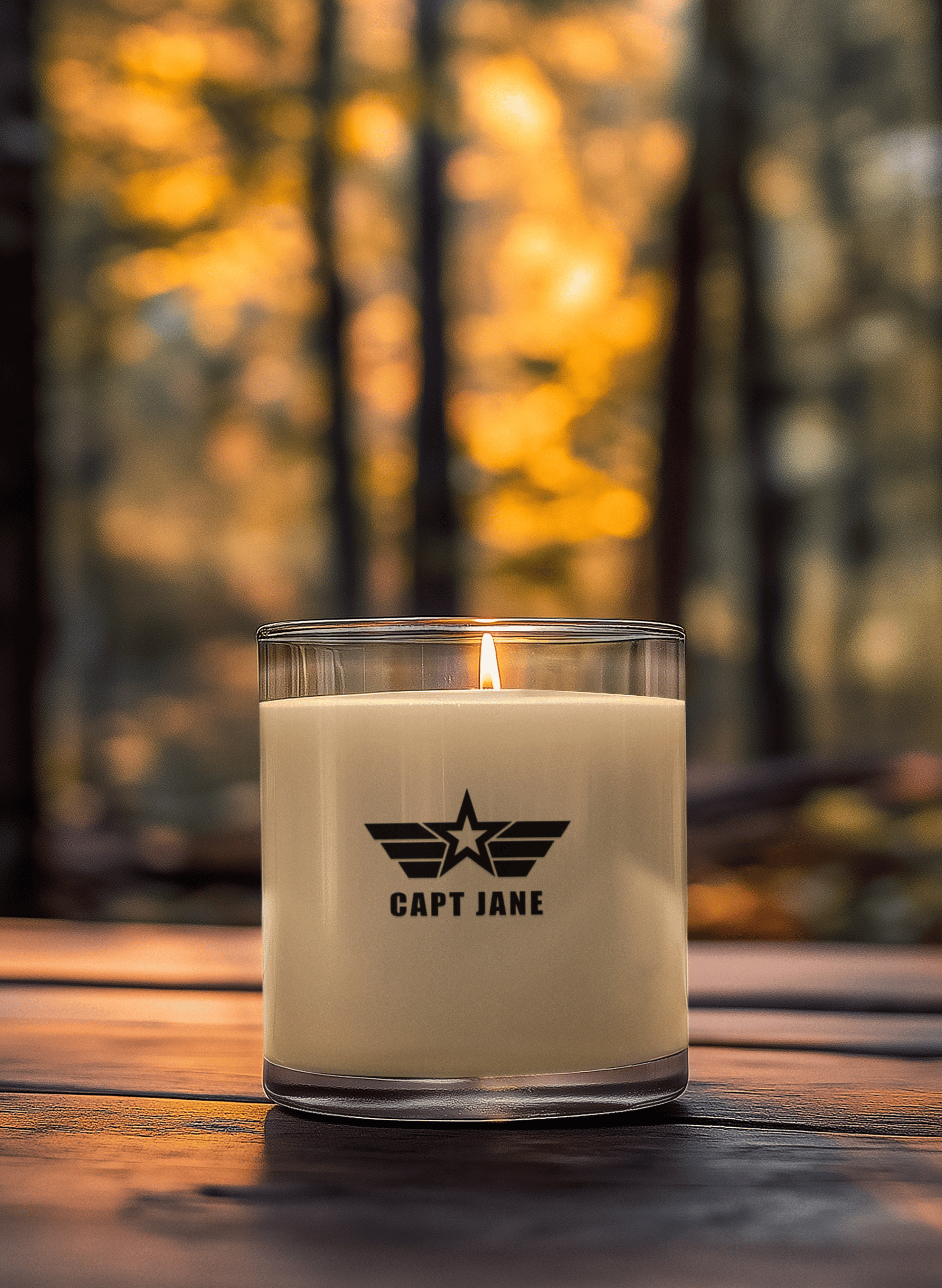 A candle glowing in the woods, with the CAPT JANE logo.