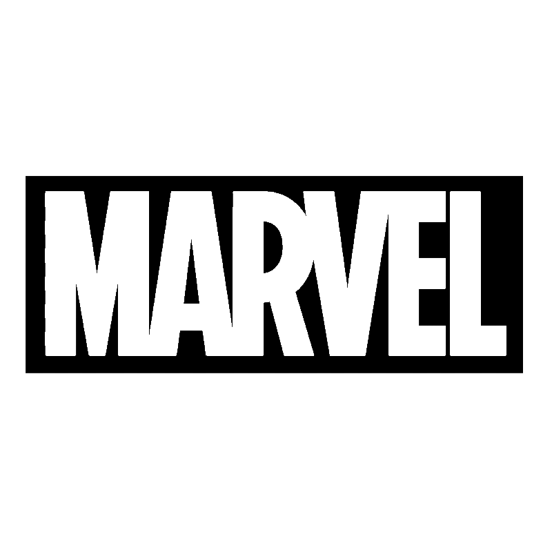 Marvel logo in black outline on a white background.
