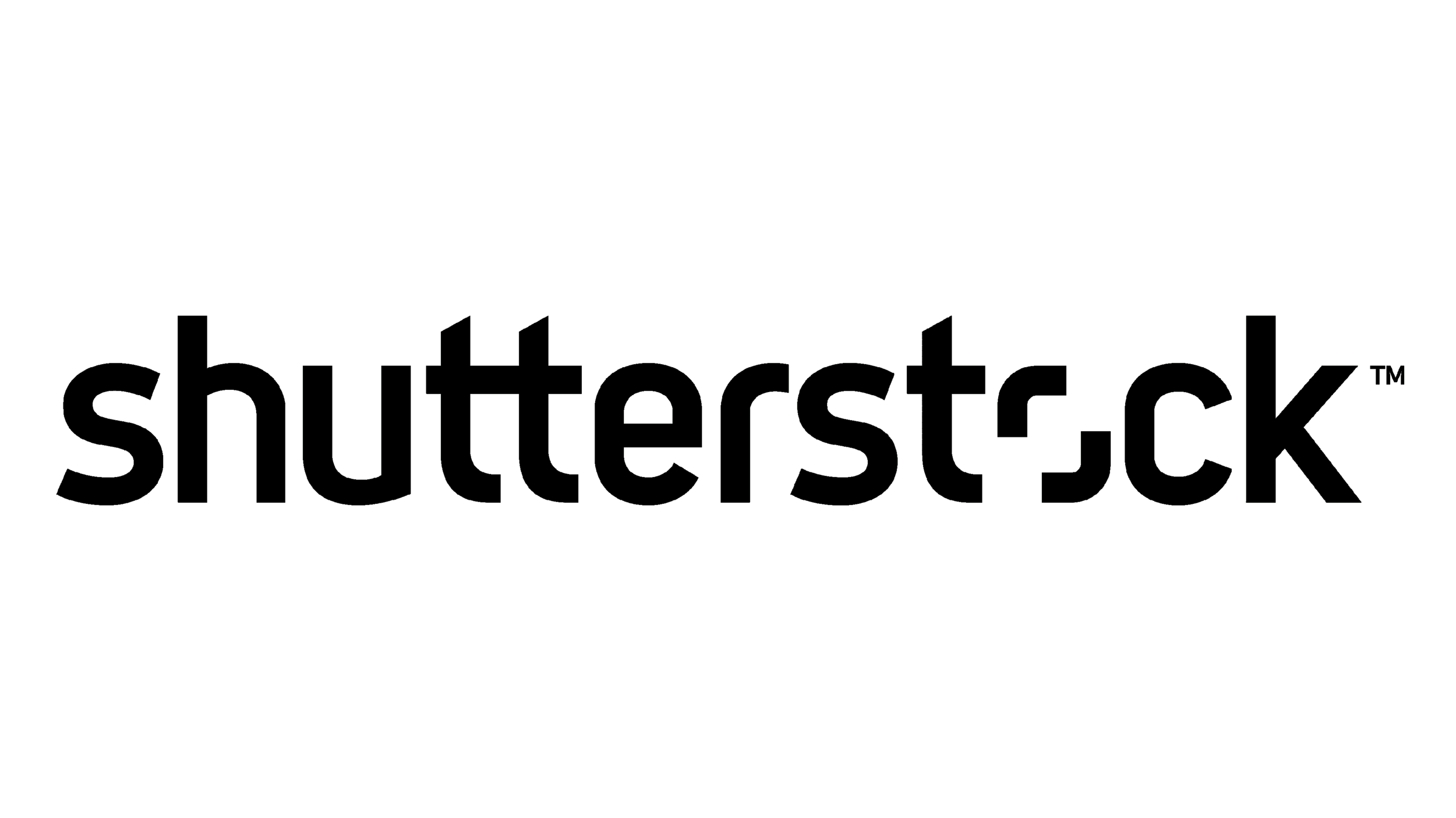 Black logo with the word 'shutterstock' in lowercase letters, stylized with a cityscape silhouette on top of the letters.