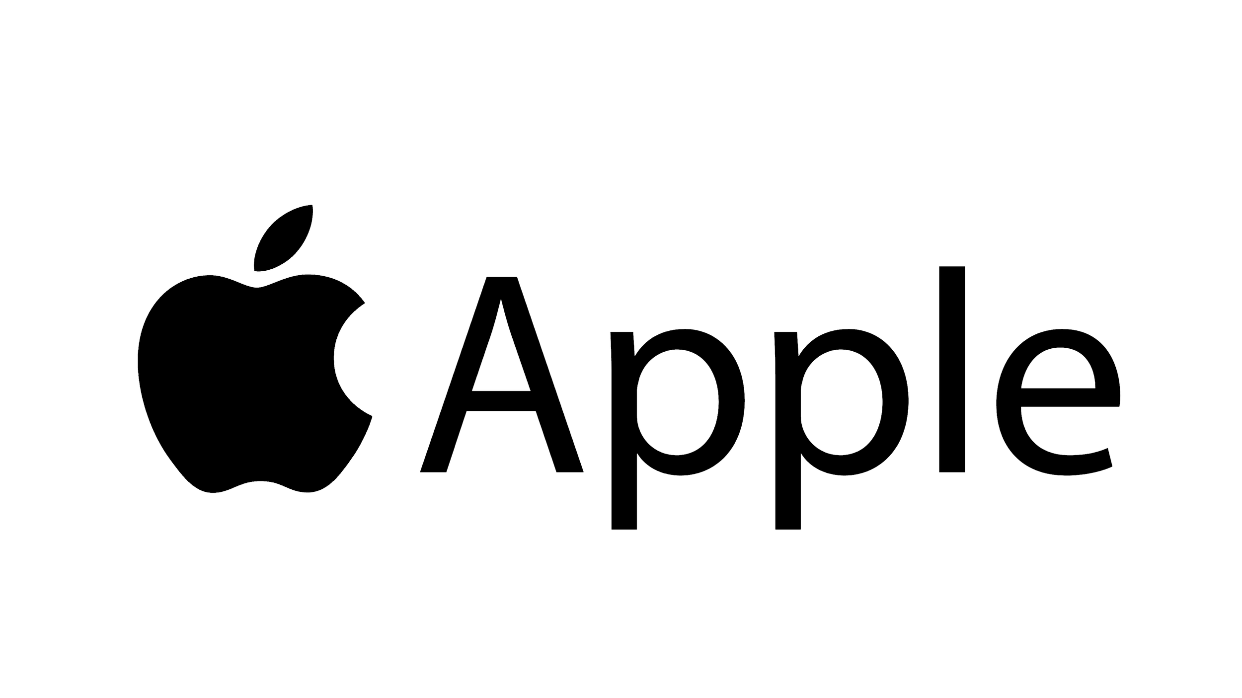 Black silhouette of the Apple logo next to the text 'Apple'.