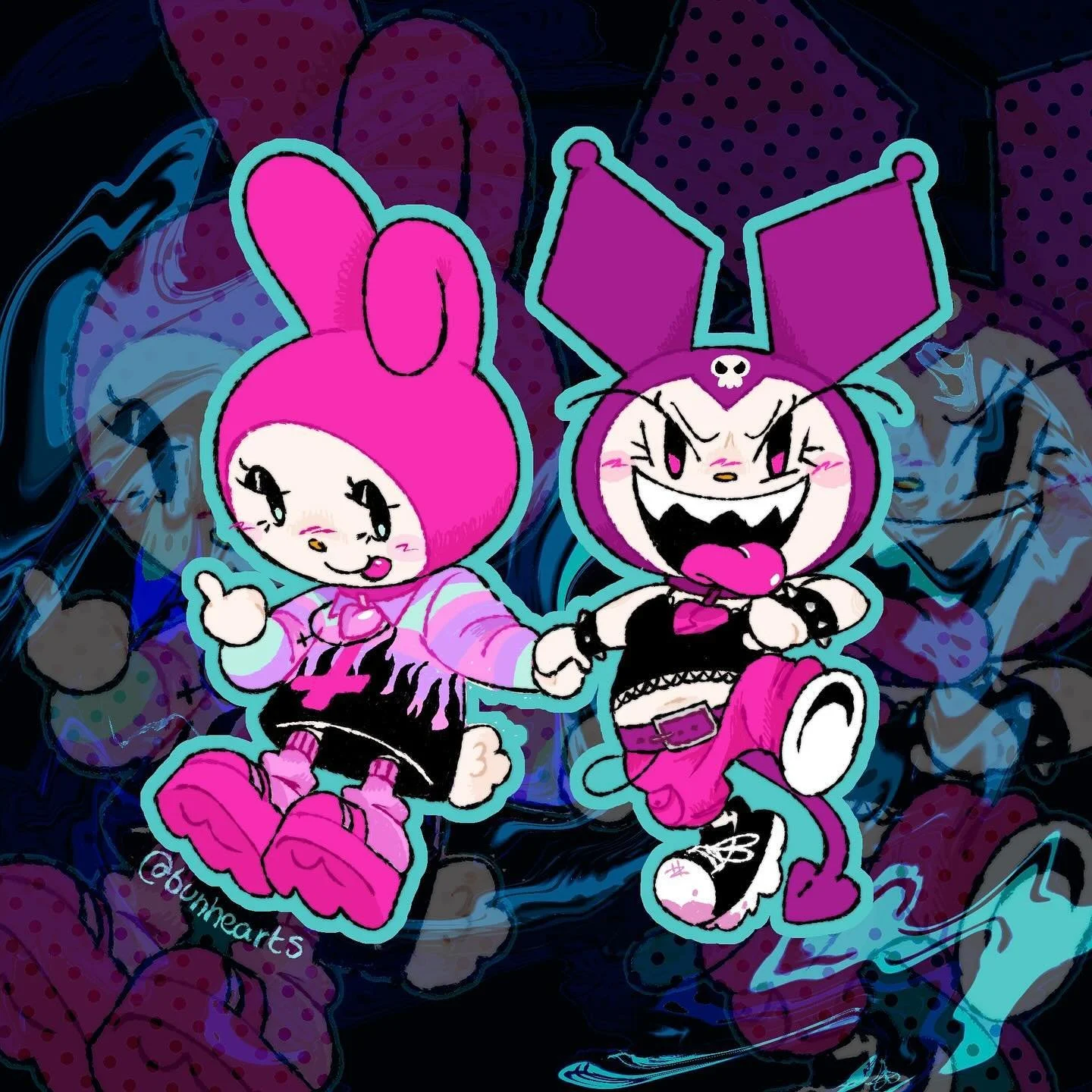 She&rsquo;s so crazzzzy!! Love her!!🤪
.
.
Seriously I really love Kuromi and Mymelody!! They&rsquo;re some of my favorite Sanrio characters, and I love putting an edgy spin on them! This is a redraw from 2022 (the second picture)! I had a lot of fun